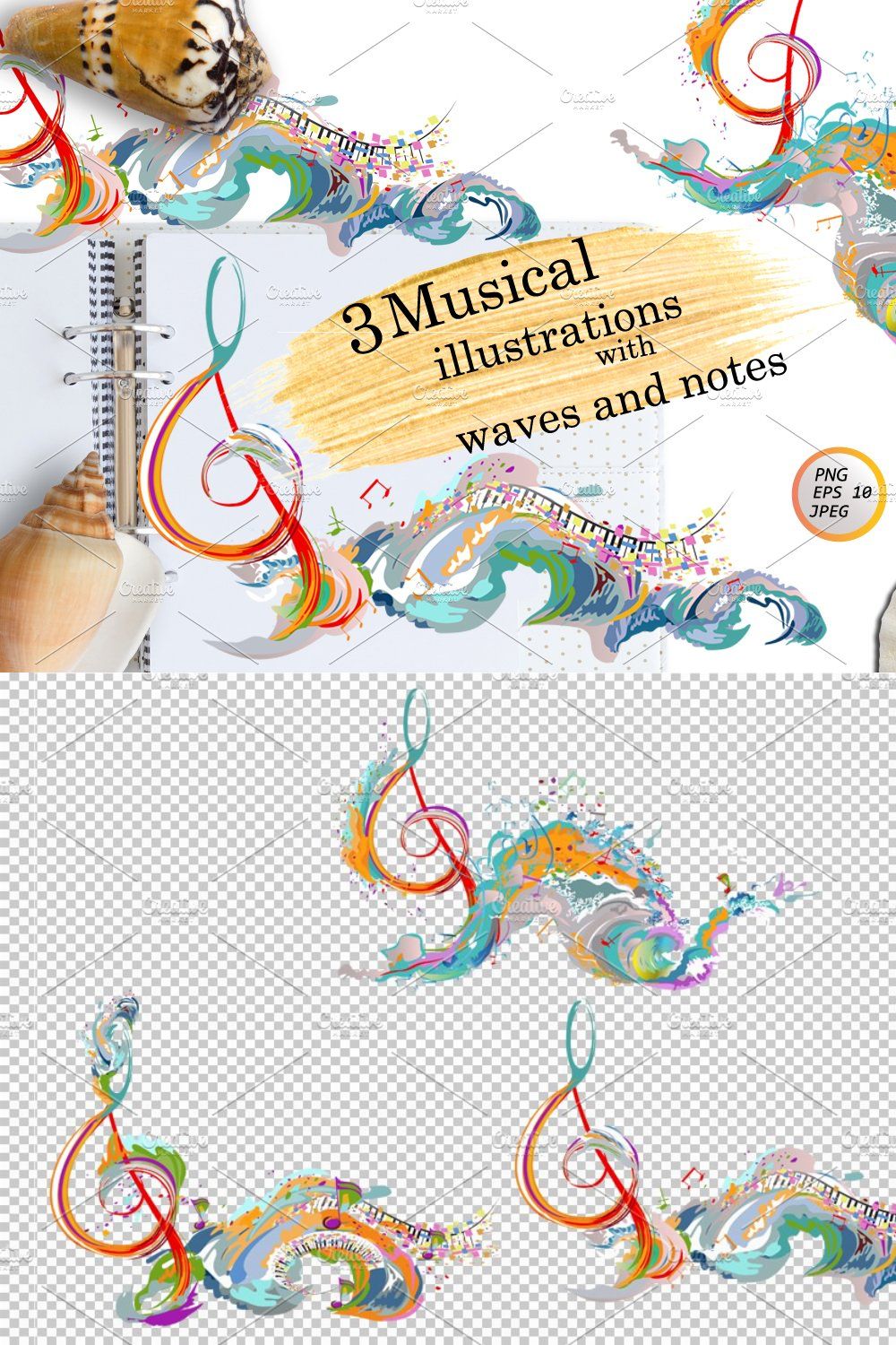 Musical design with waves. pinterest preview image.