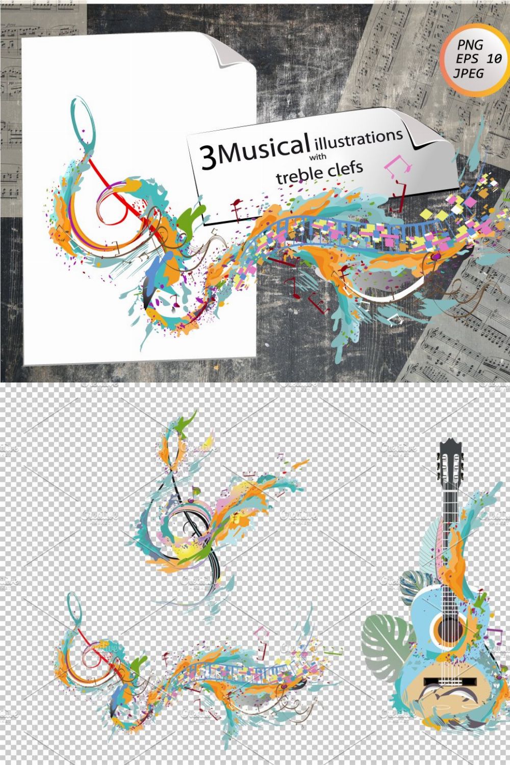 Musical illustrations. pinterest preview image.