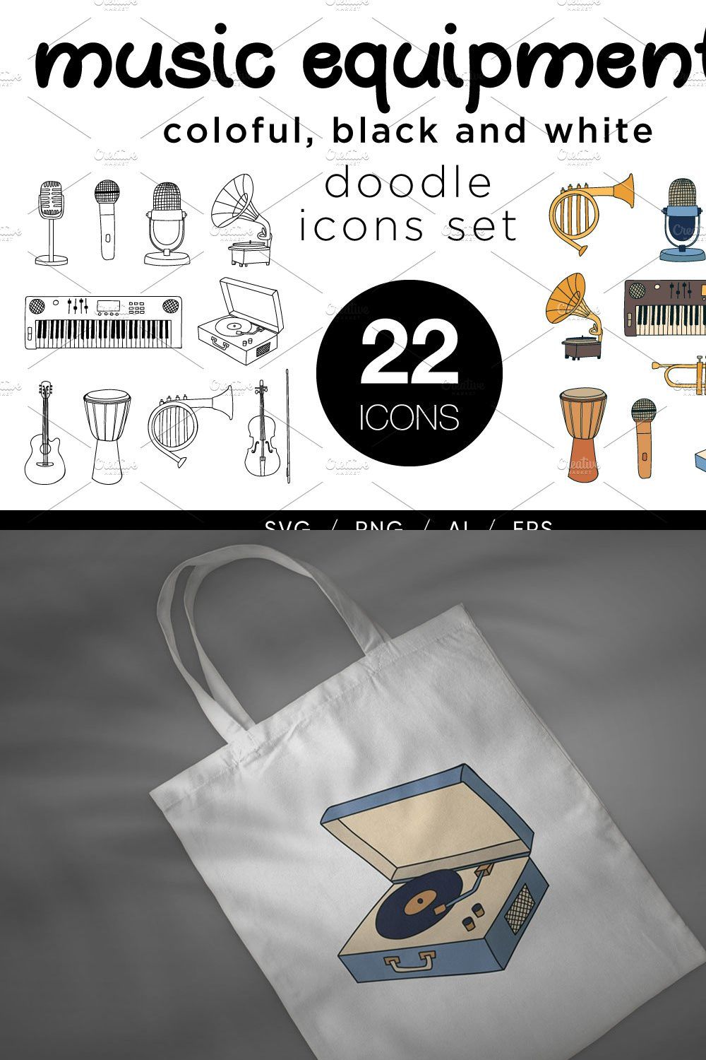 Musical instruments doodle icon set pinterest preview image.