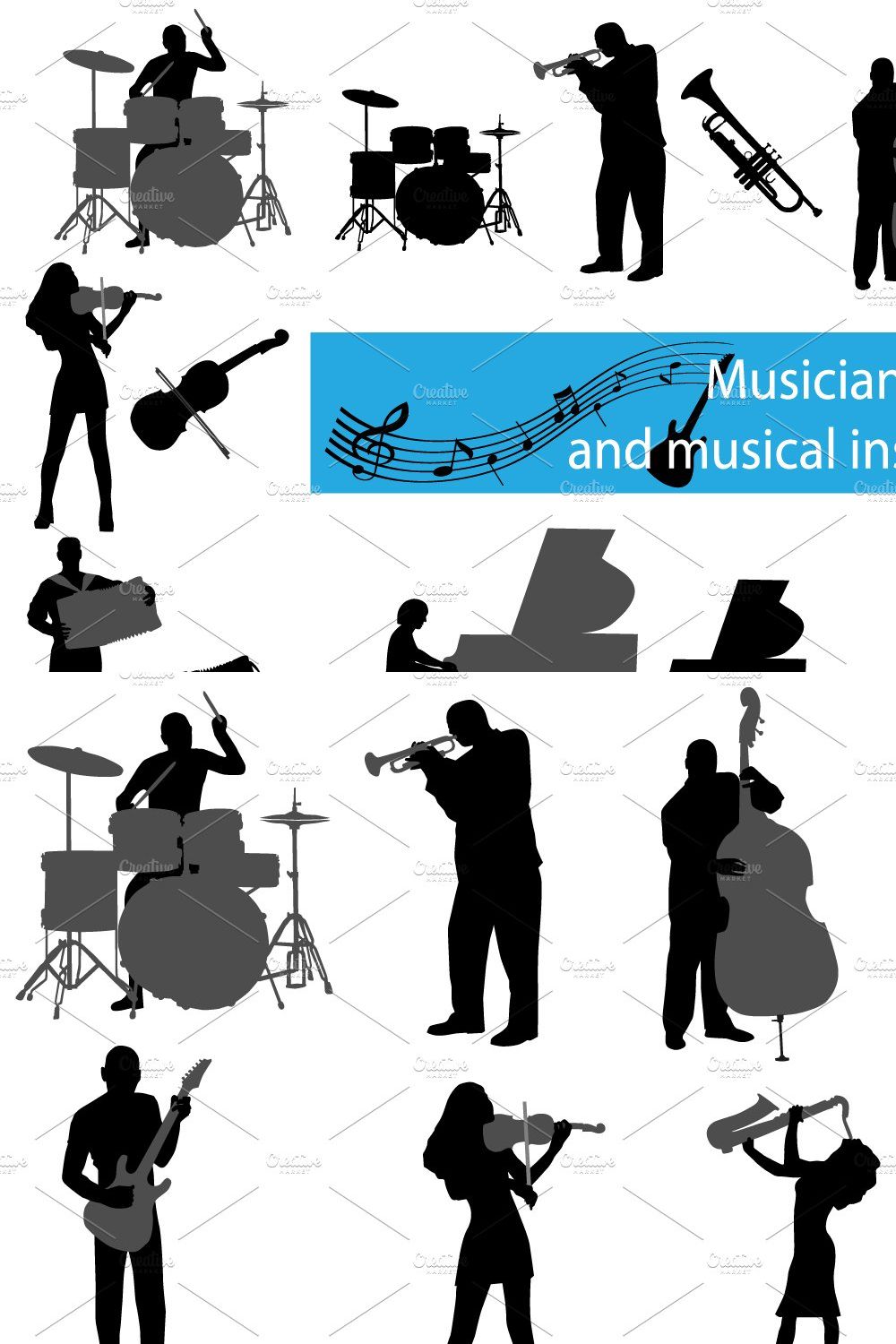 Musicians and musical instruments pinterest preview image.
