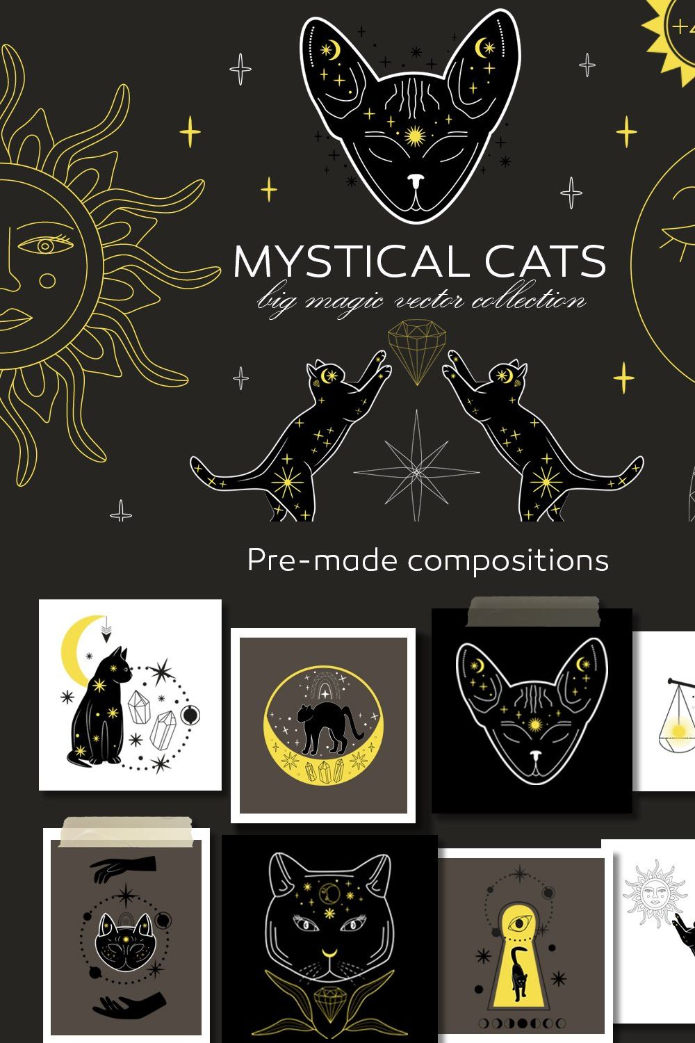 Mystical Cats. Lunar & celestial set pinterest preview image.