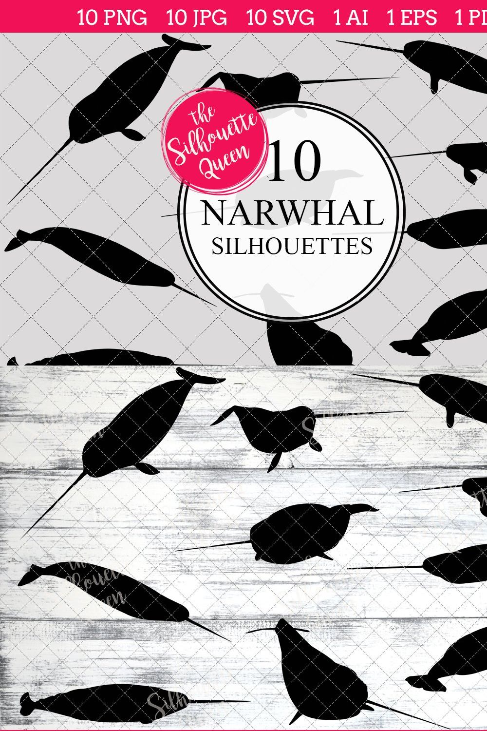 Narwhal Silhouette Vector Graphics pinterest preview image.