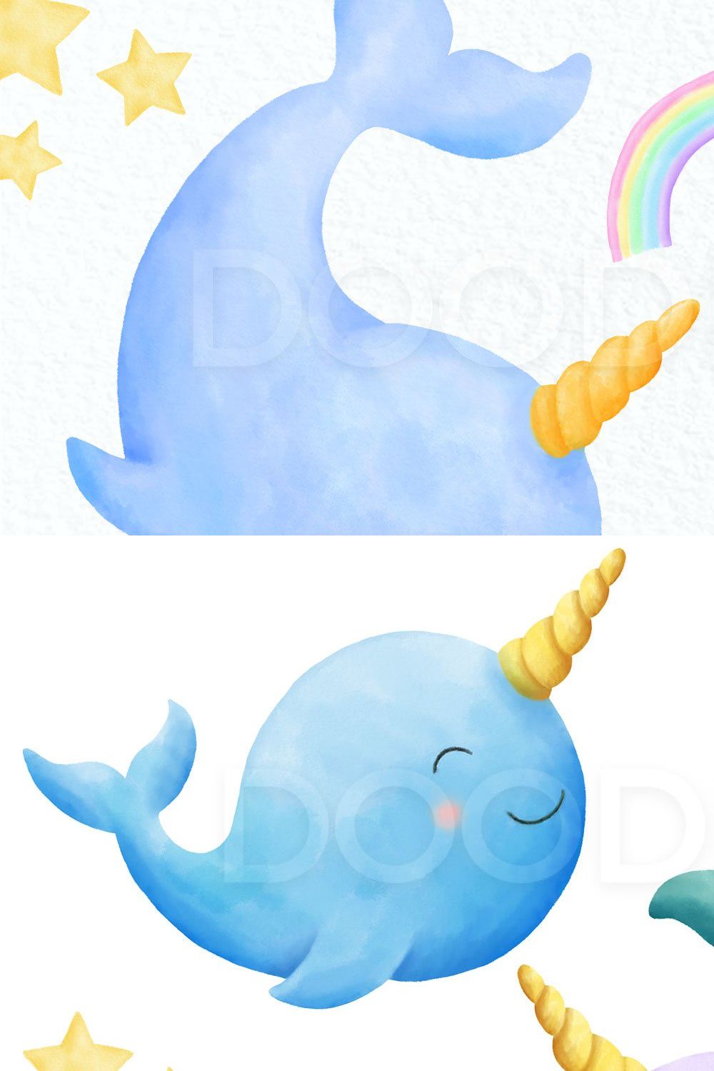 Narwhal Watercolor Illustrations pinterest preview image.