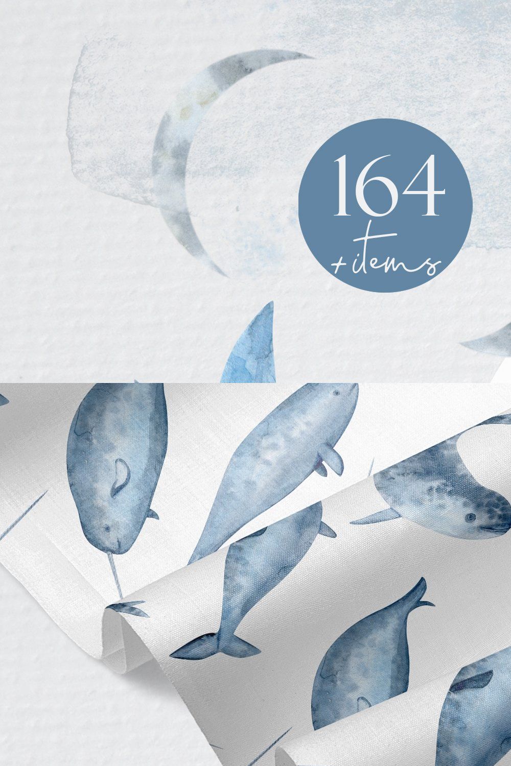 Narwhals & Blue Flowers Illustration pinterest preview image.