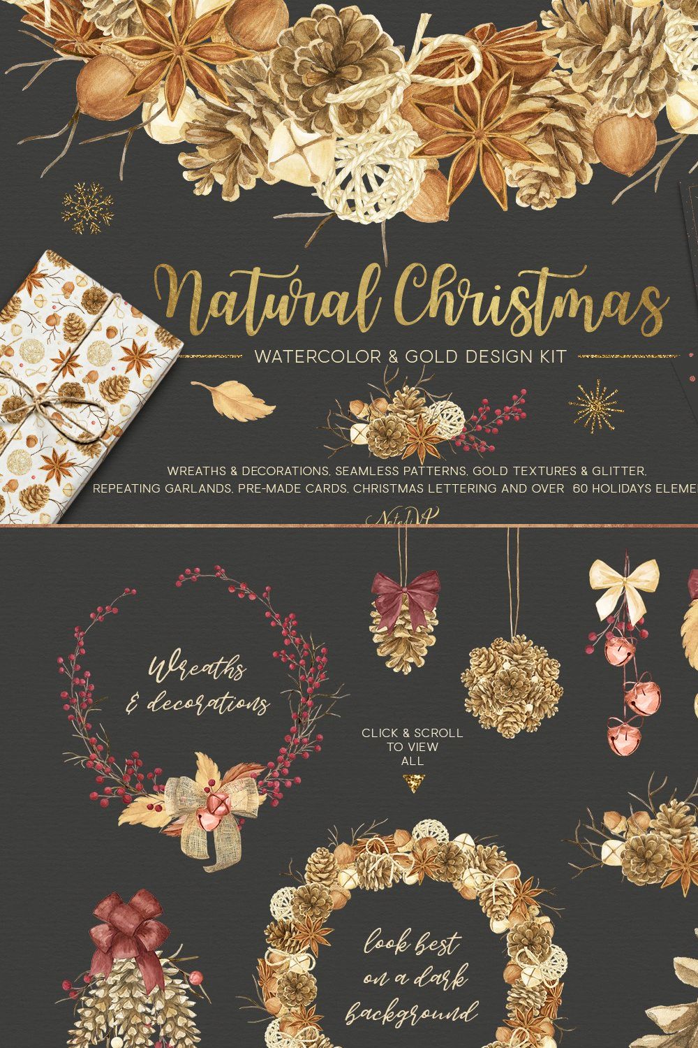Natural Christmas. Watercolor & Gold pinterest preview image.