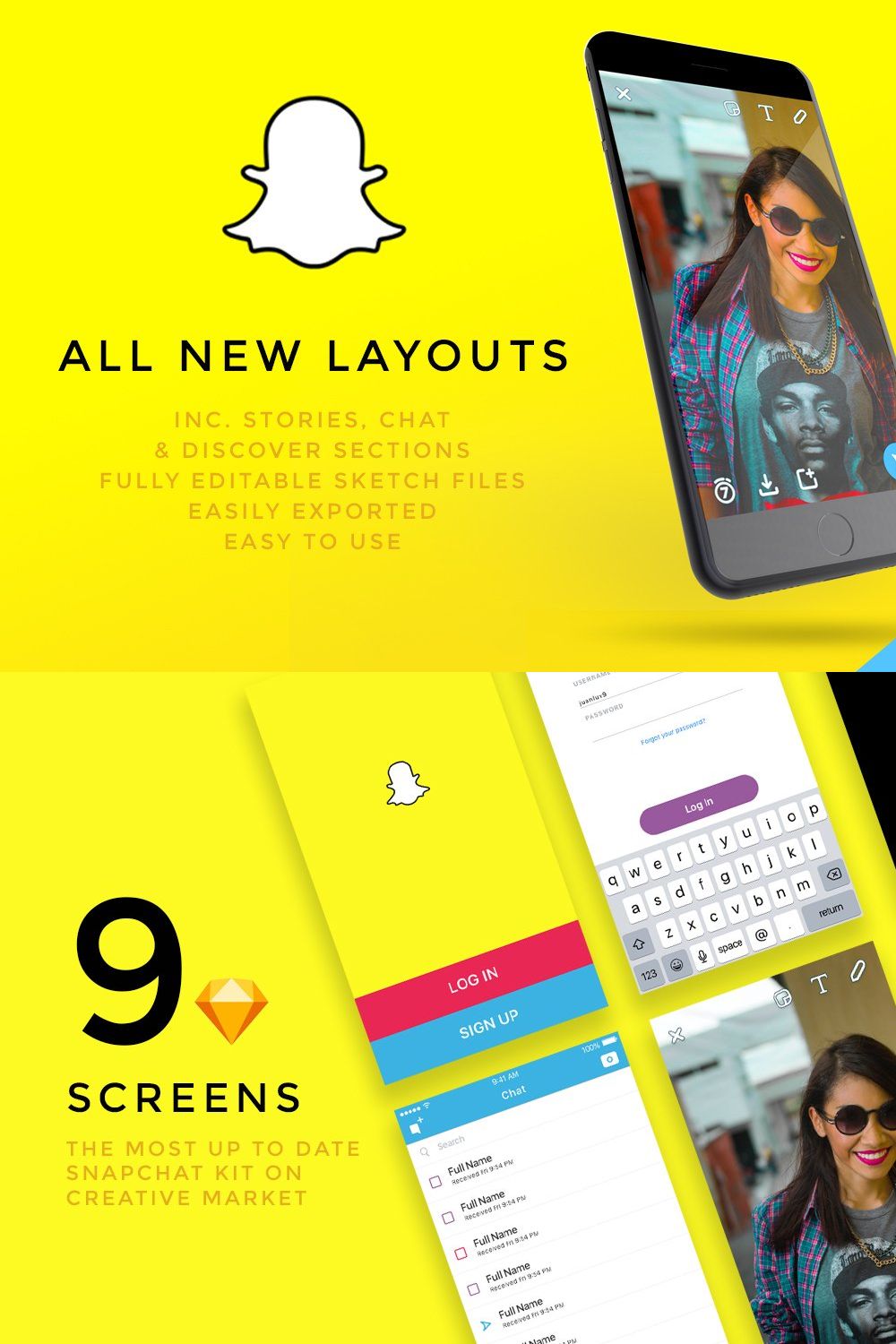 NEW Snapchat UI Kit - inc. Stories pinterest preview image.