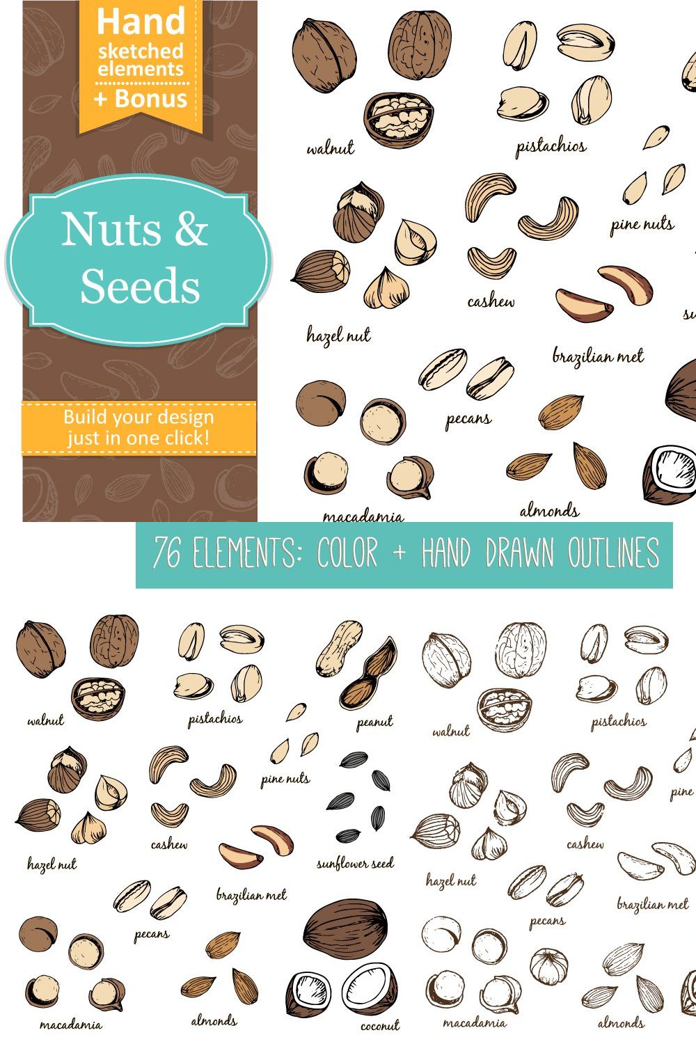 Nuts and seeds with seamless pattern pinterest preview image.