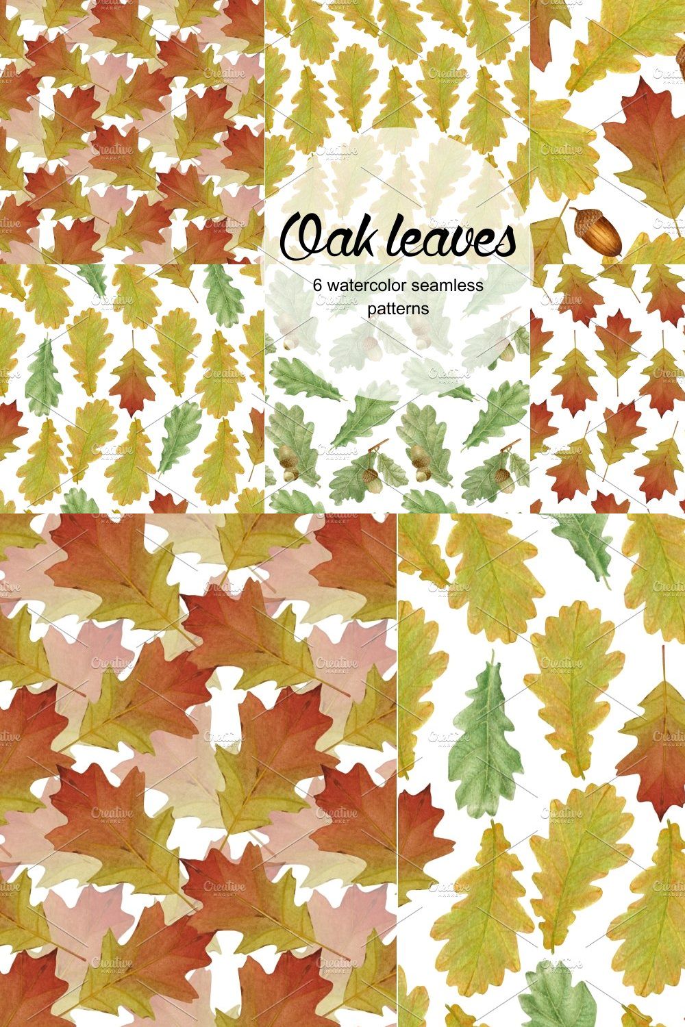 Oak leaves 6 seamless patterns pinterest preview image.