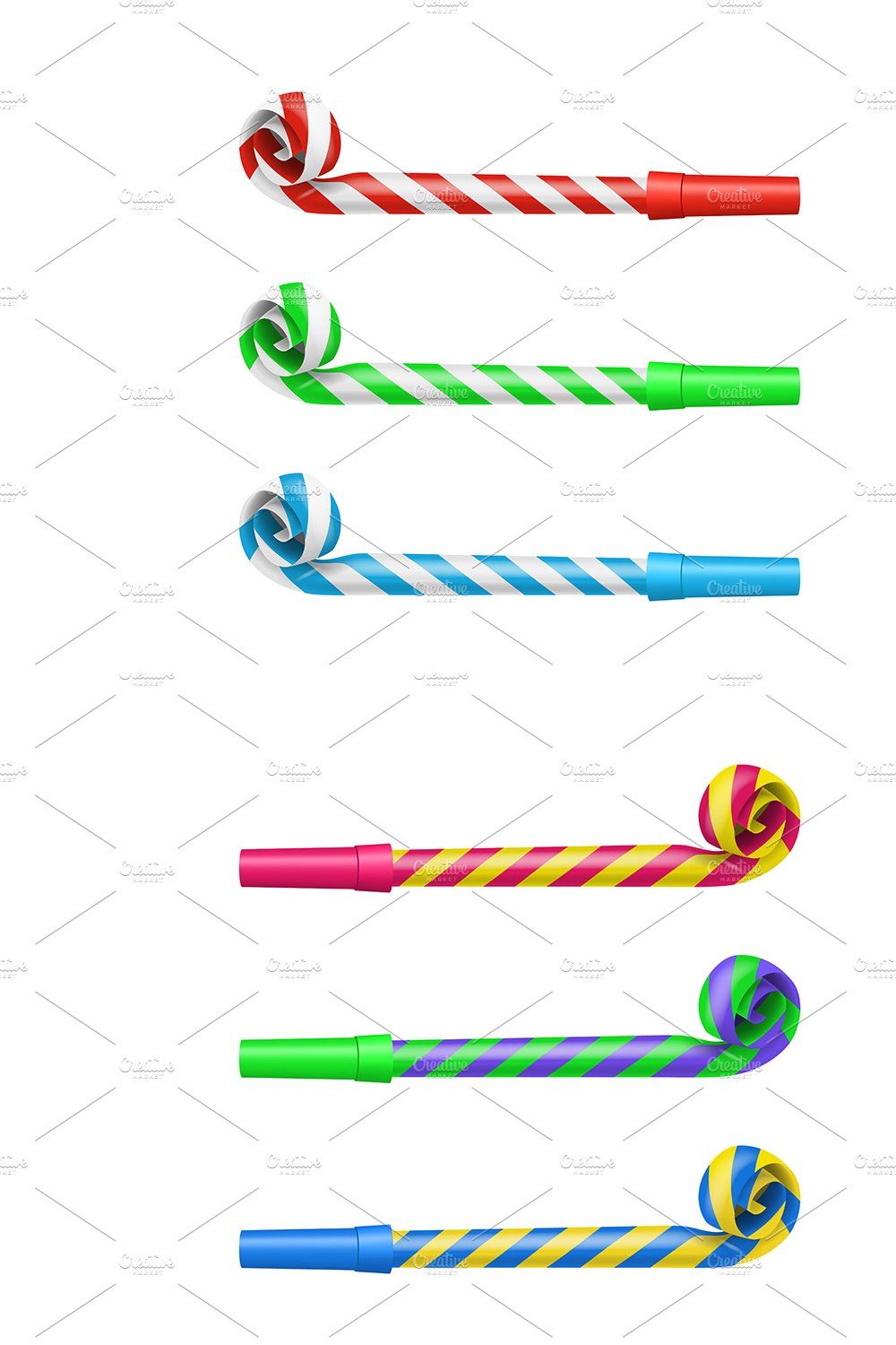 Party Blower Whistles Set. Vector pinterest preview image.