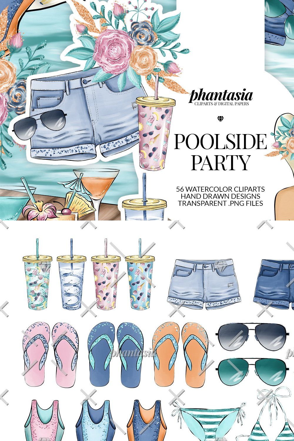 Poolside Watercolor Cliparts pinterest preview image.