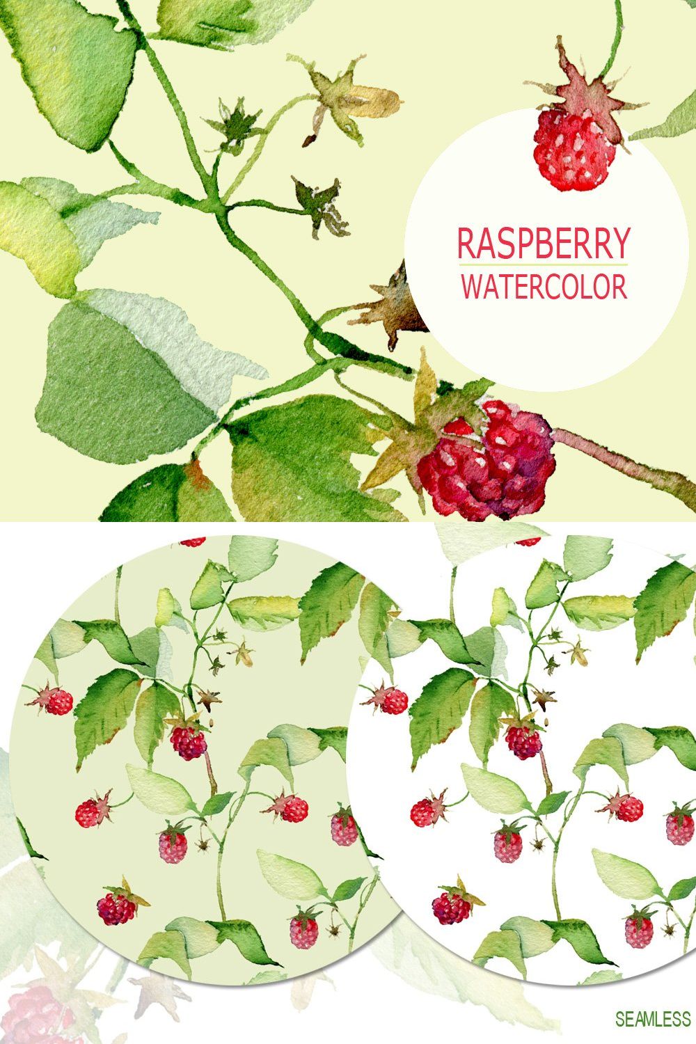 Raspberries isolated & 2 patterns pinterest preview image.