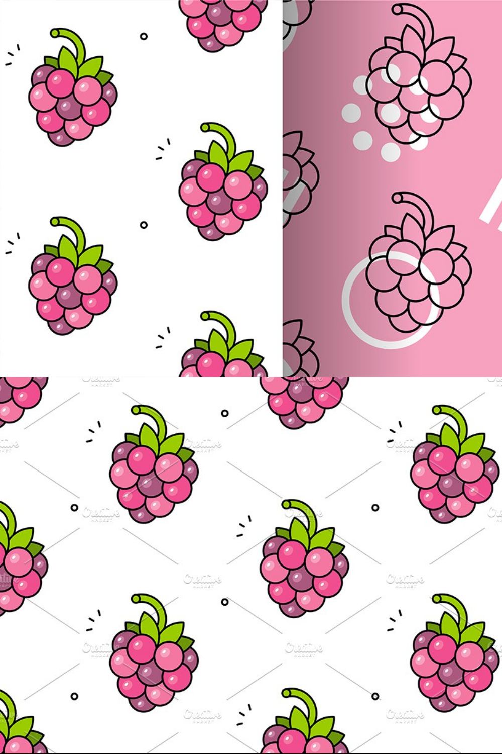 Raspberries seamless pattern pinterest preview image.