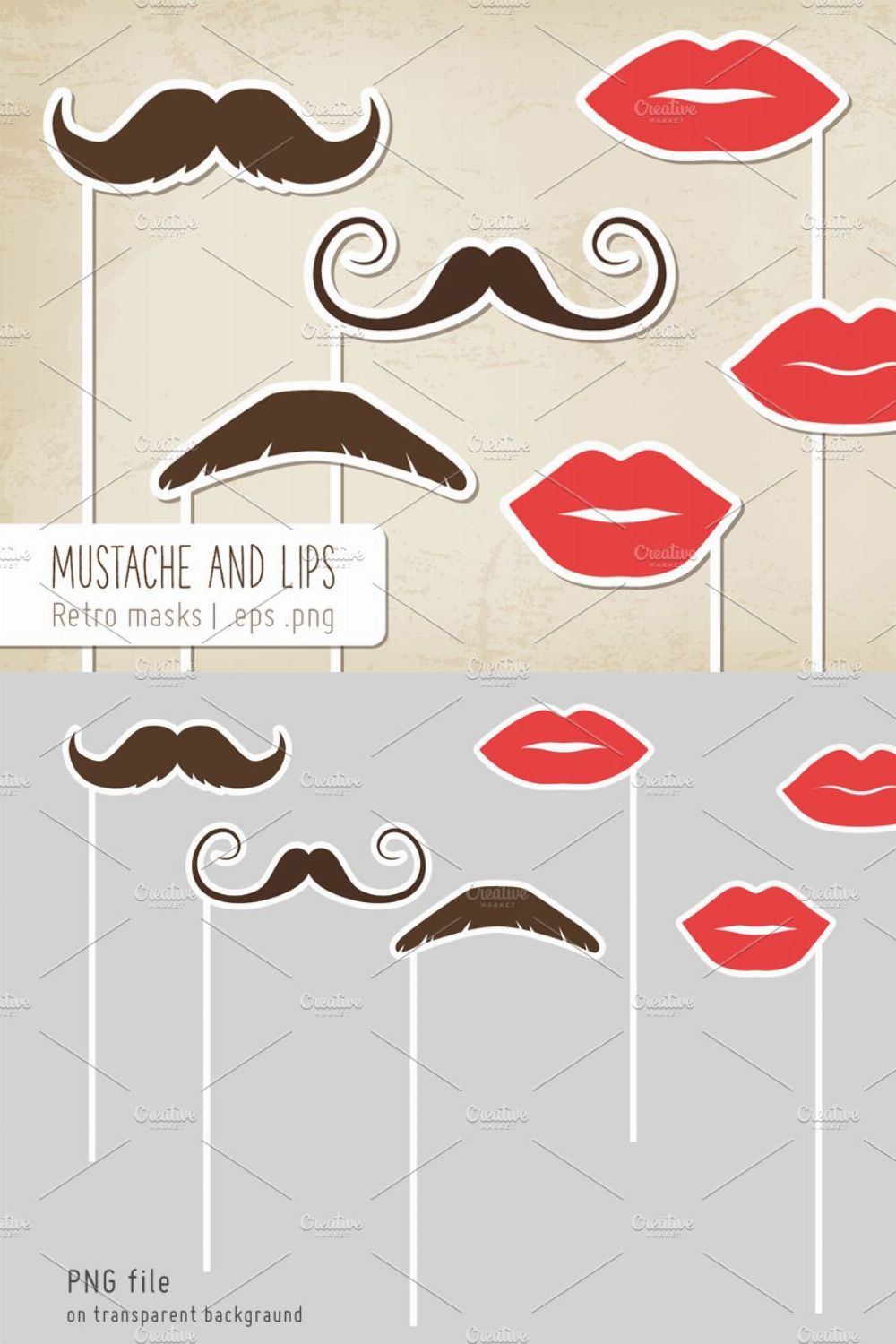 Retro moustaches and lips pinterest preview image.