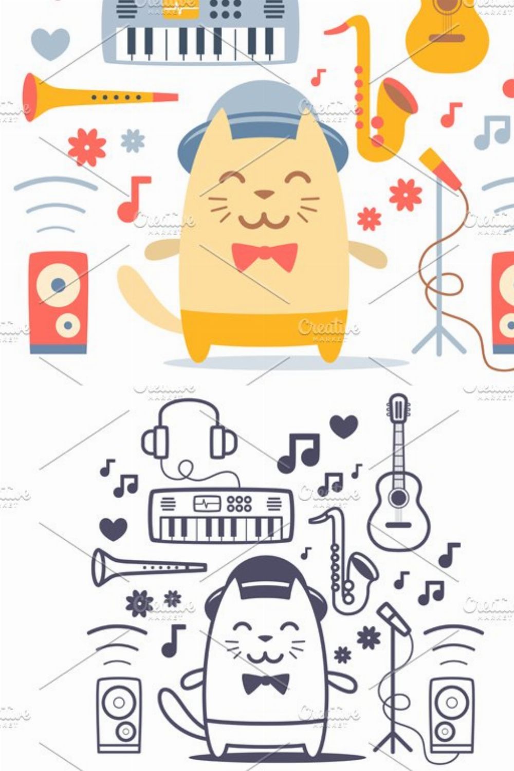 Сat musician with set of instruments pinterest preview image.