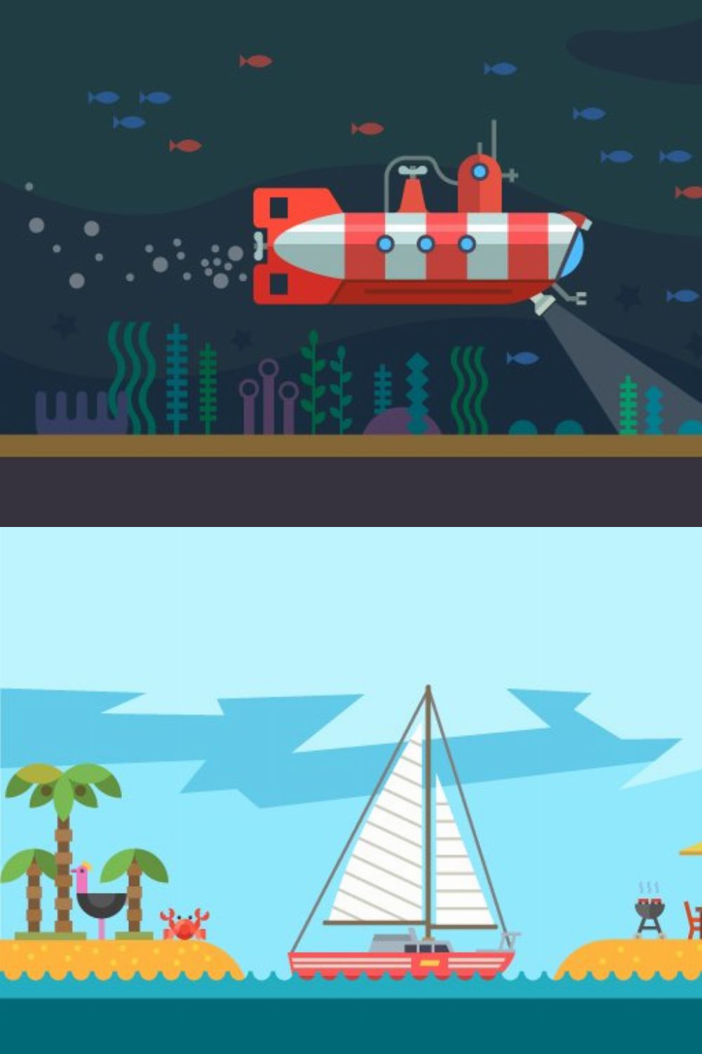 Sea transport: boat, submarine, sail pinterest preview image.
