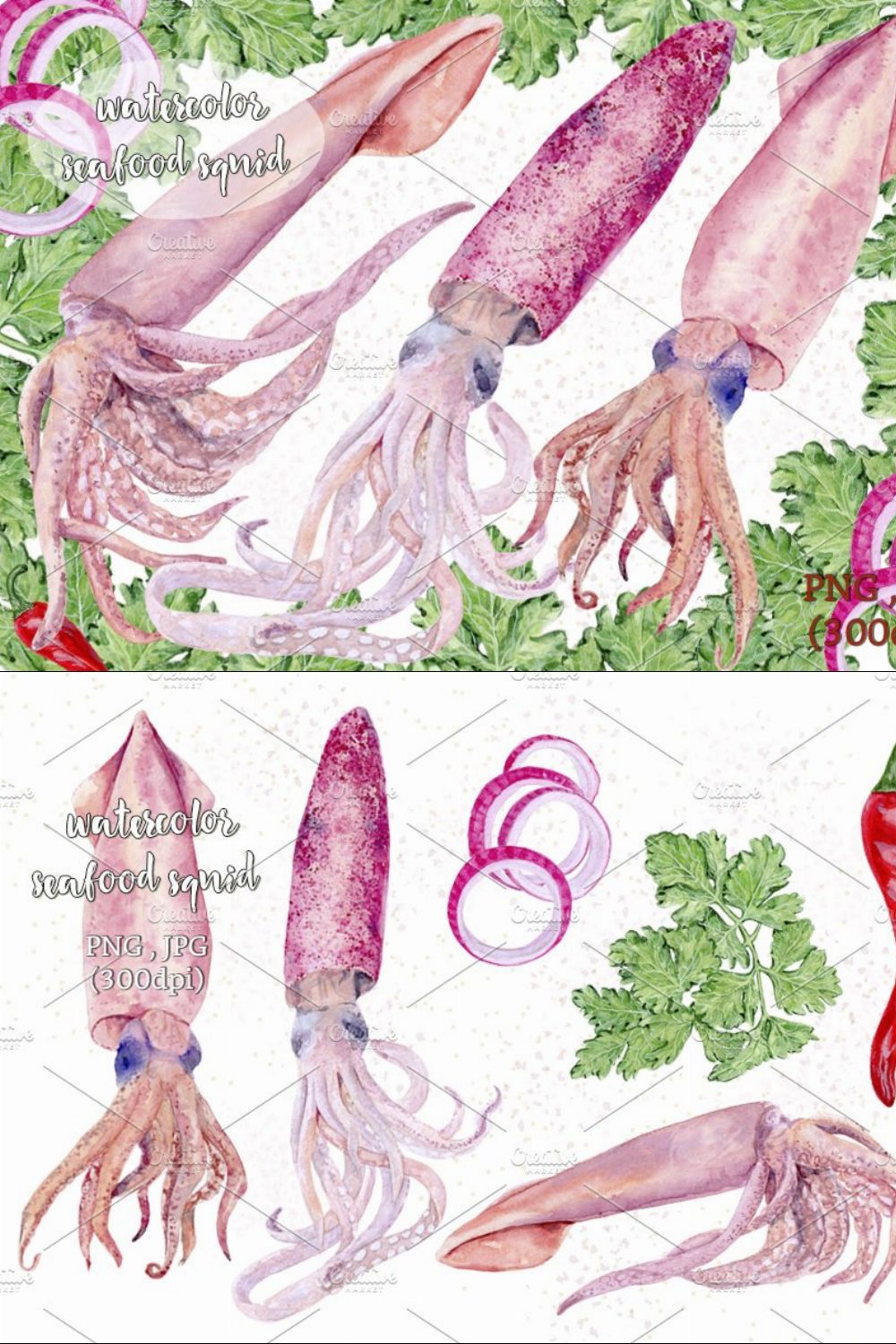 seafood squid watercolor pinterest preview image.