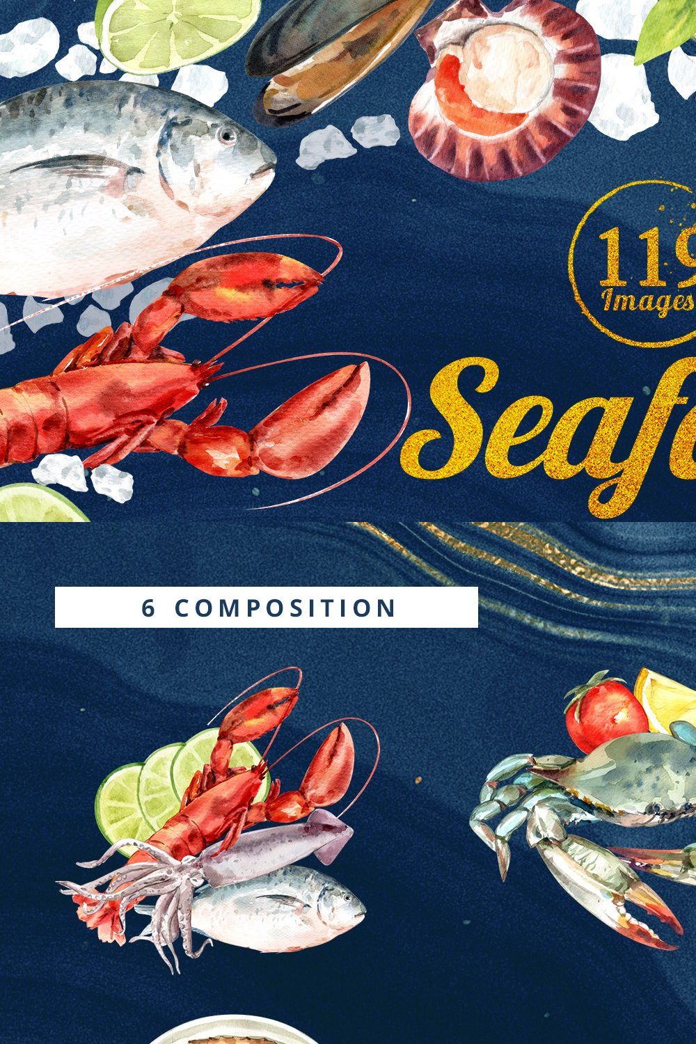 Seafood Watercolor Illustration set pinterest preview image.