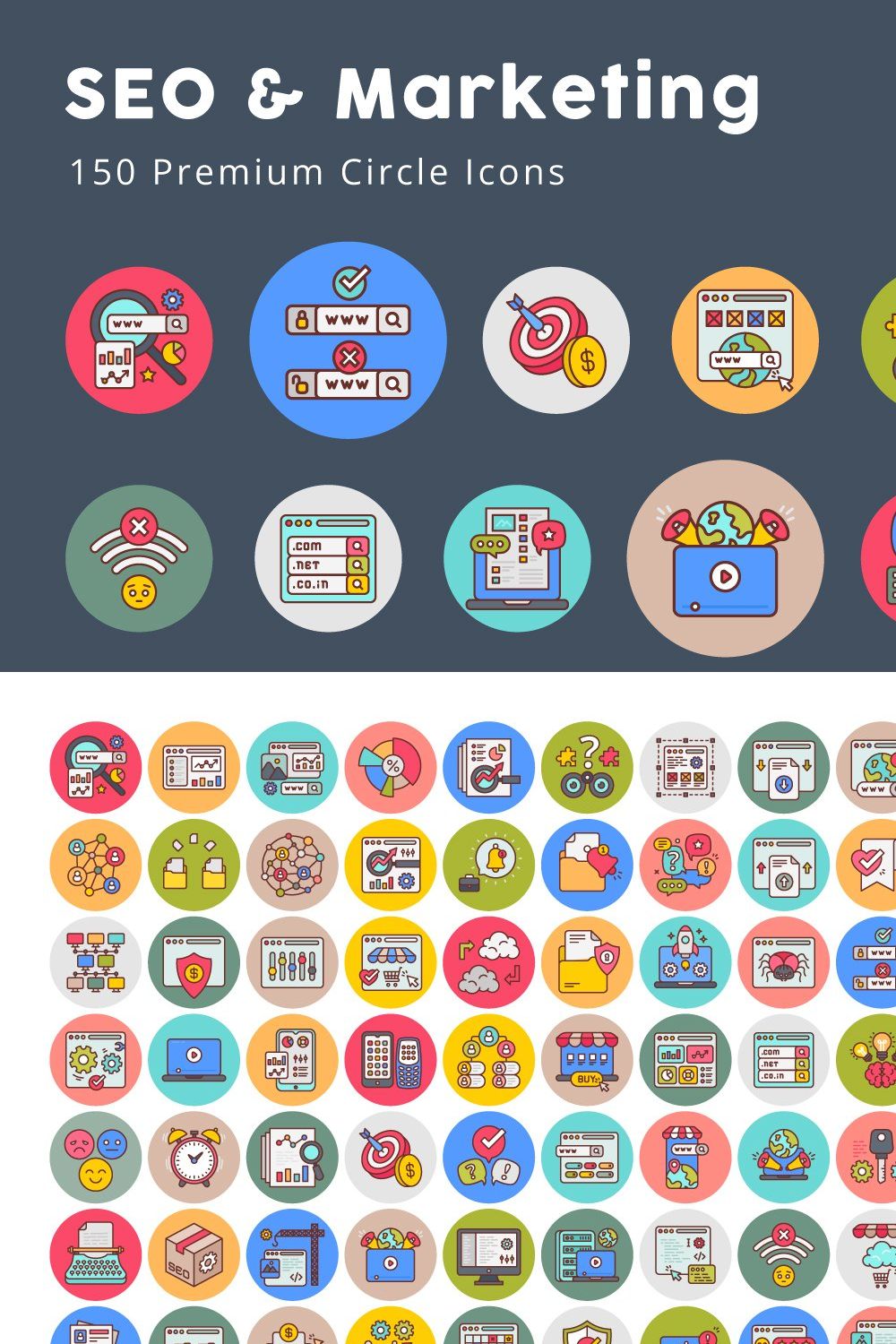 SEO and Marketing Circle Icons pinterest preview image.