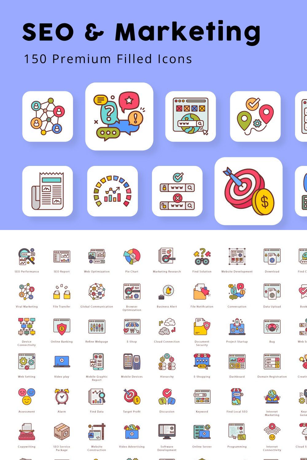 SEO and Marketing Filled Icons pinterest preview image.