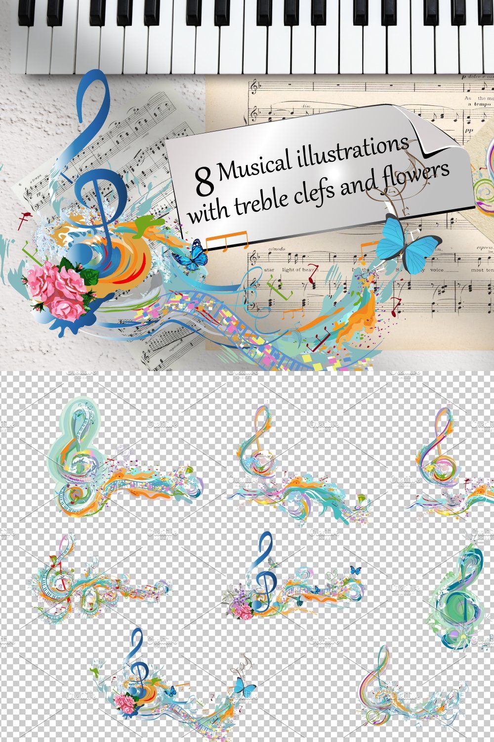 Set of 8 musical illustrations! pinterest preview image.