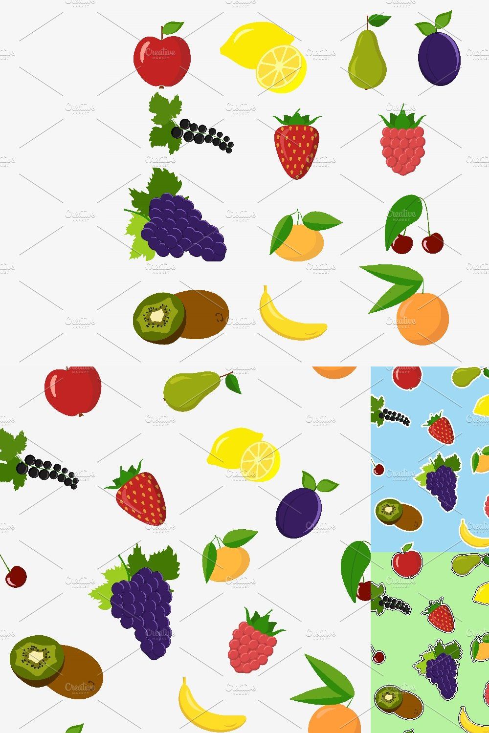 Set of colorful cartoon fruit icons pinterest preview image.