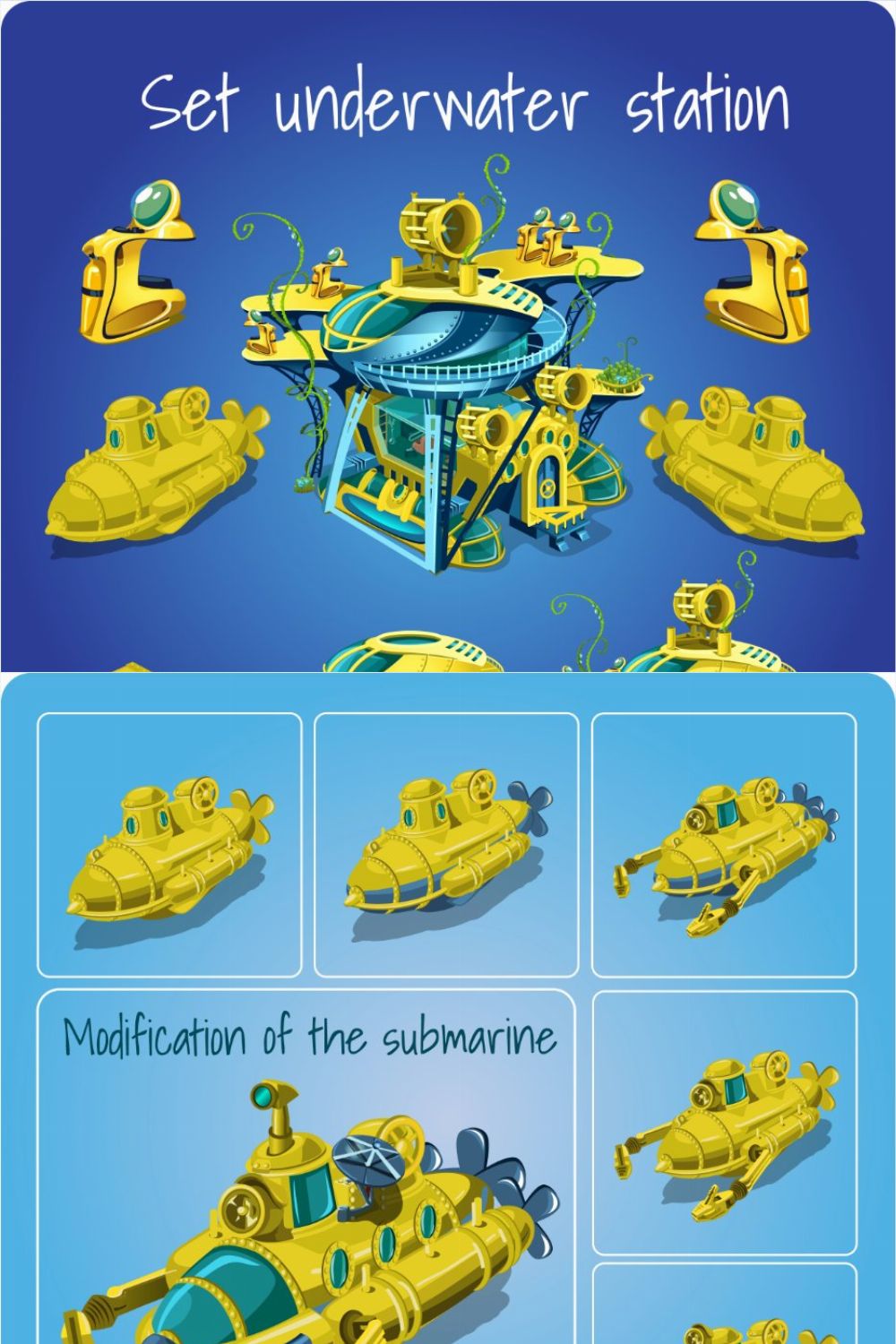 Set of different submarines pinterest preview image.