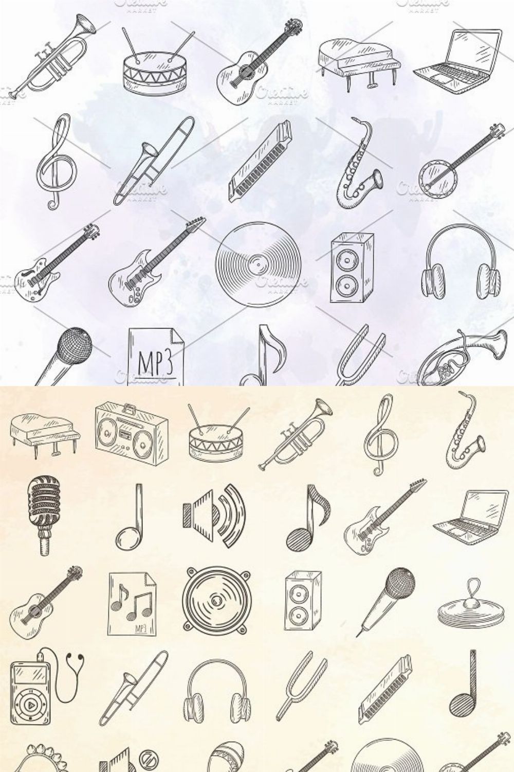 Set of hand drawn music icons. pinterest preview image.