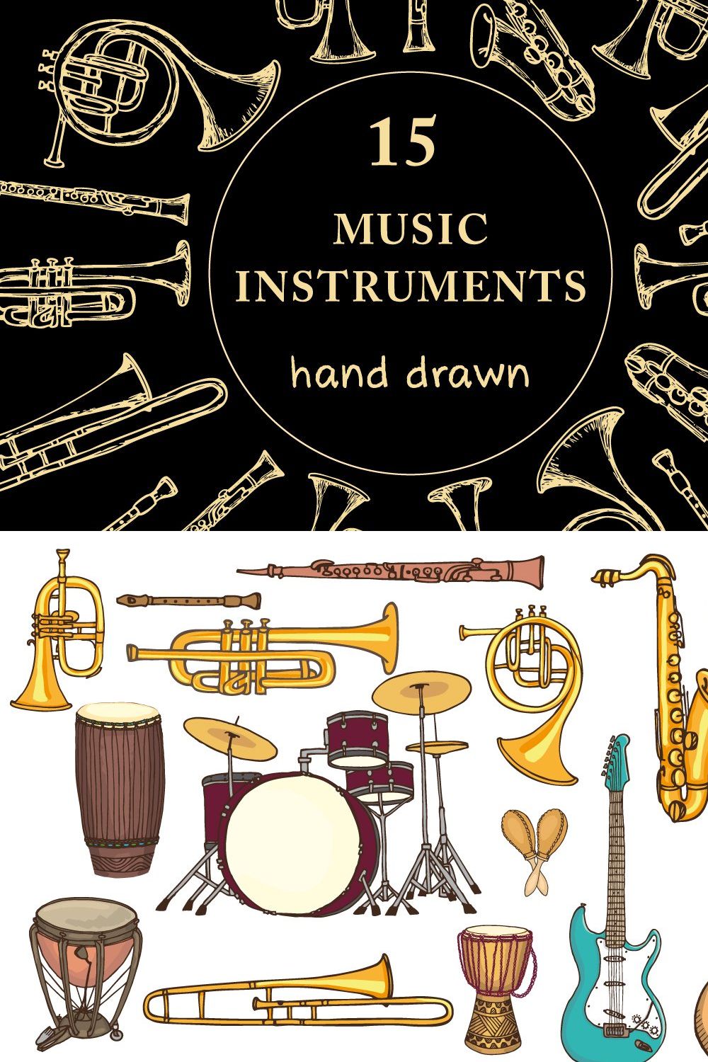 Set of hand drawn music instruments pinterest preview image.