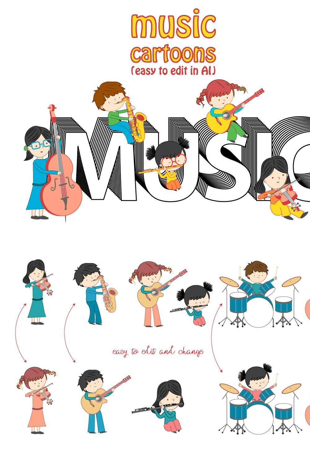 Set of music cartoons pinterest preview image.