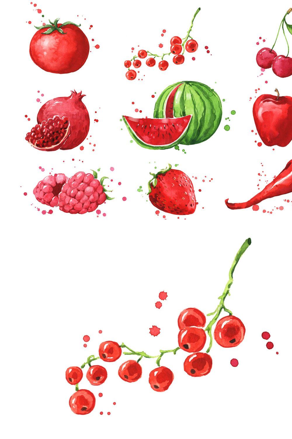 Set of red foods, watercolor pinterest preview image.