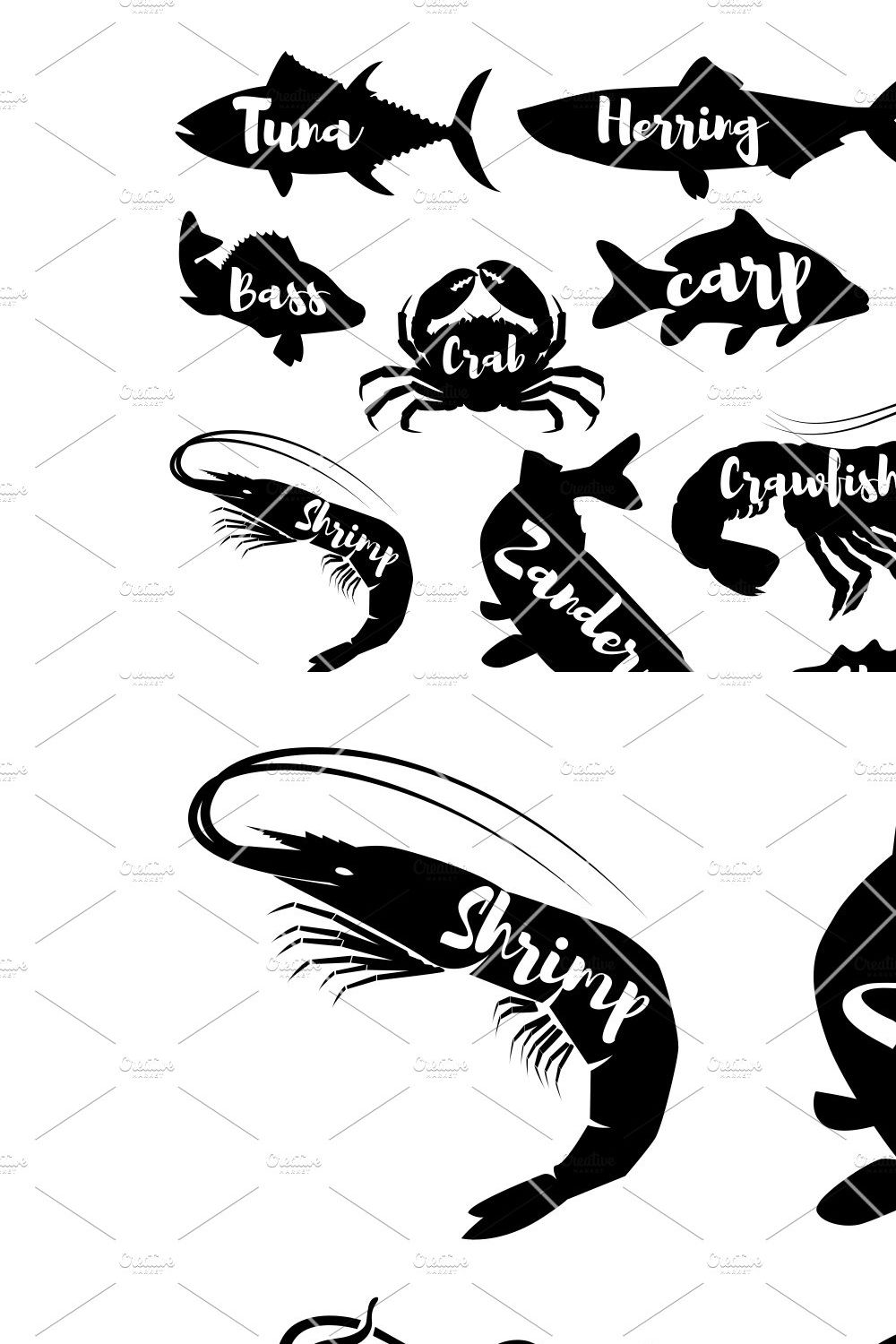 Set of seafood silhouettes pinterest preview image.
