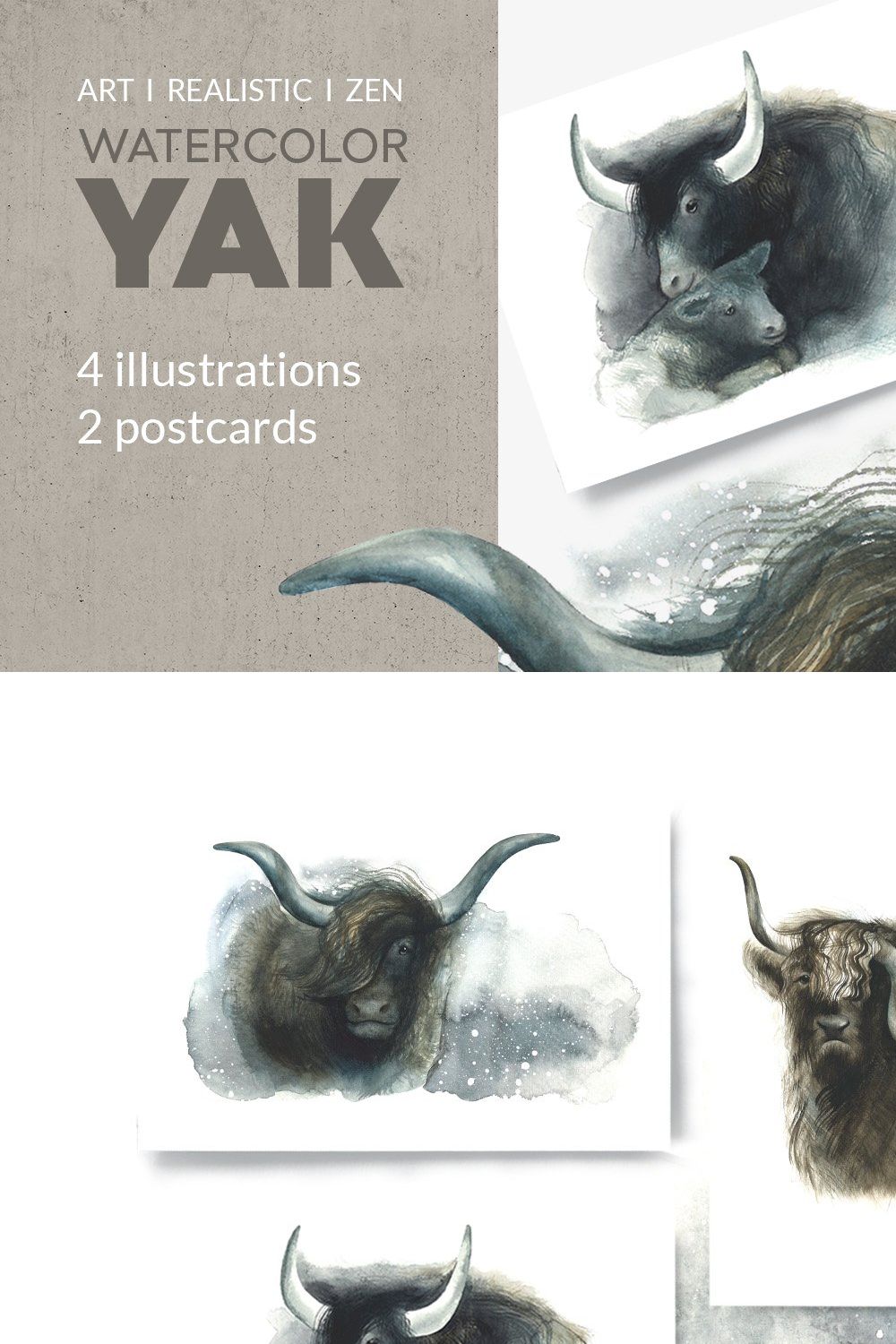 SET OF YAK WATERCOLOR ILLUSTRATIONS pinterest preview image.