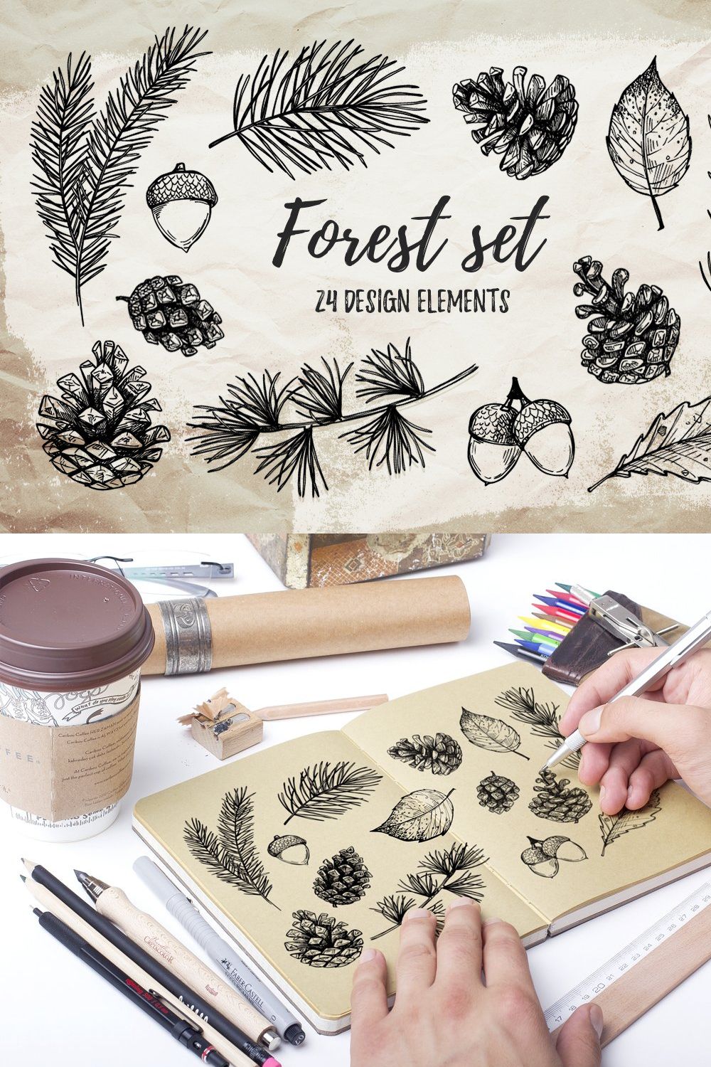 Sketch forest set. Pine branches pinterest preview image.