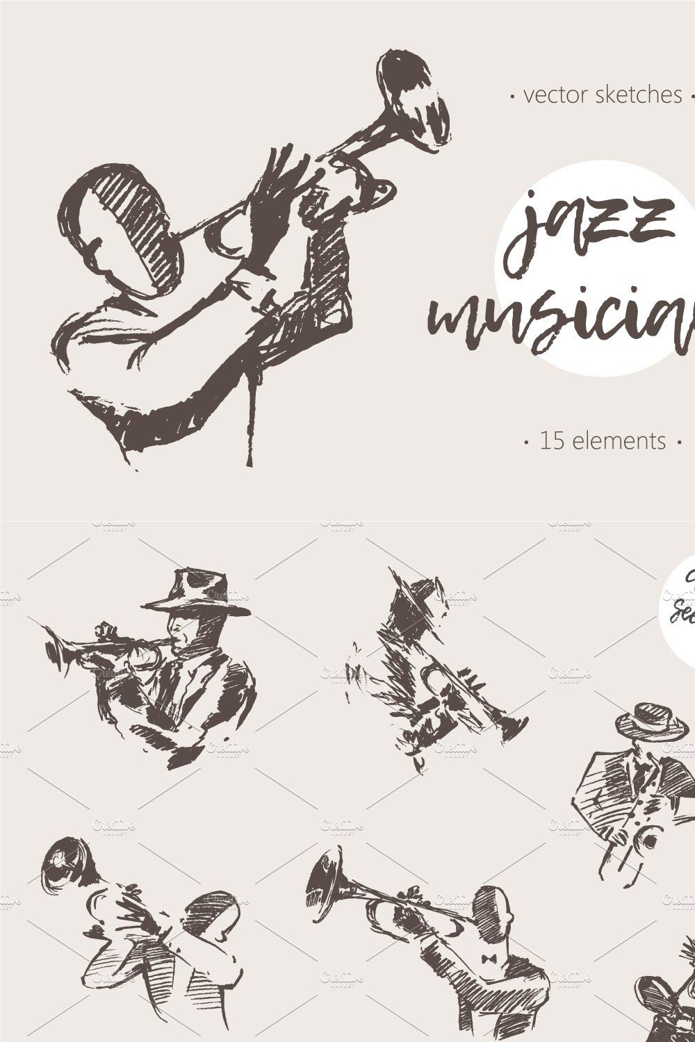 Sketches of jazz musicians pinterest preview image.