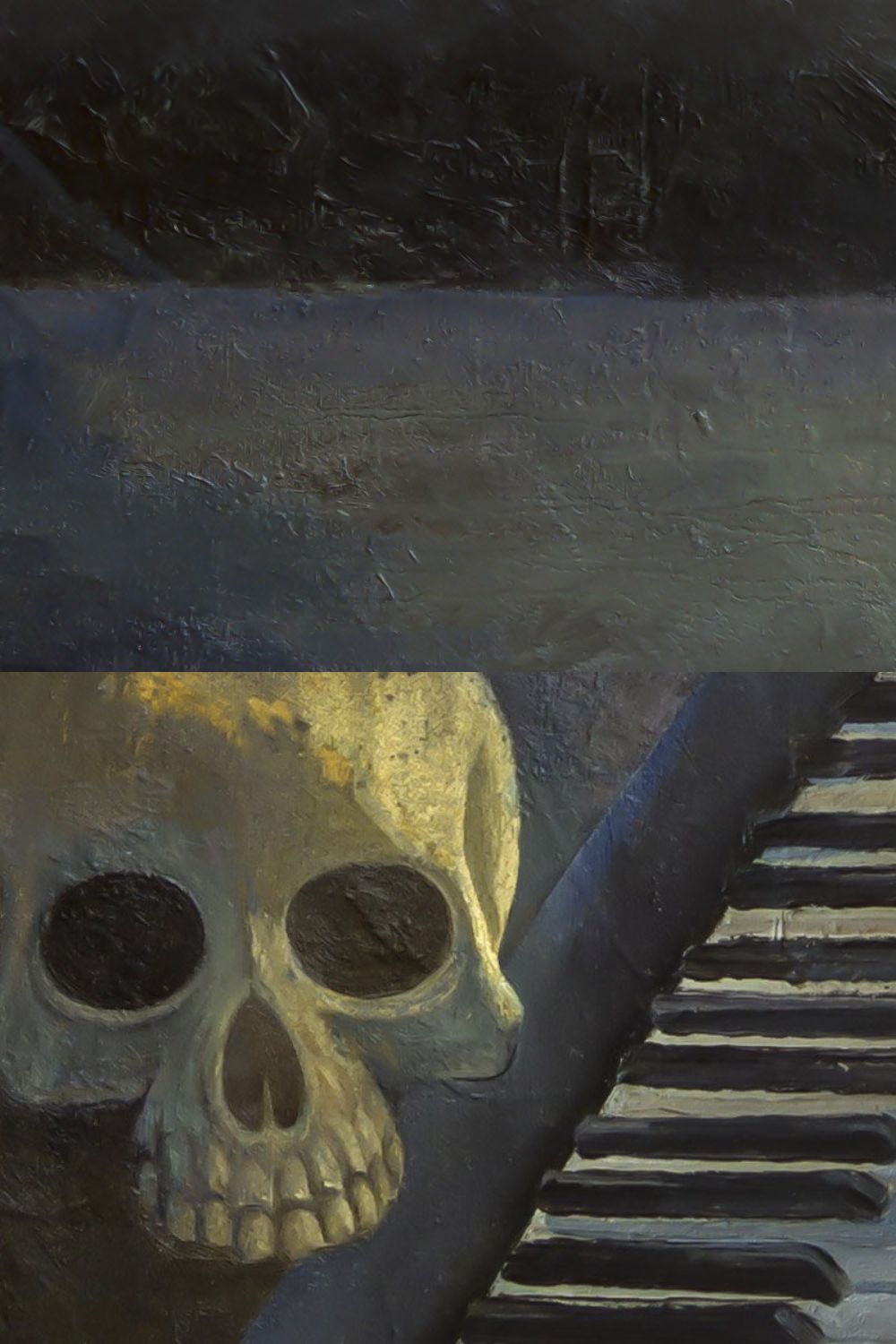 Skull and piano pinterest preview image.
