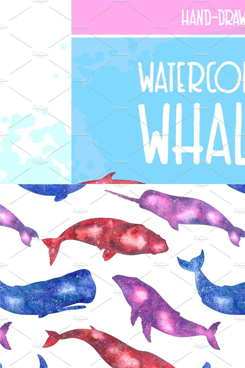 Space watercolor whales. pinterest preview image.