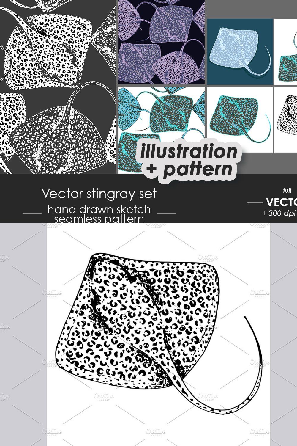 Stingray fish illustrations, pattern pinterest preview image.