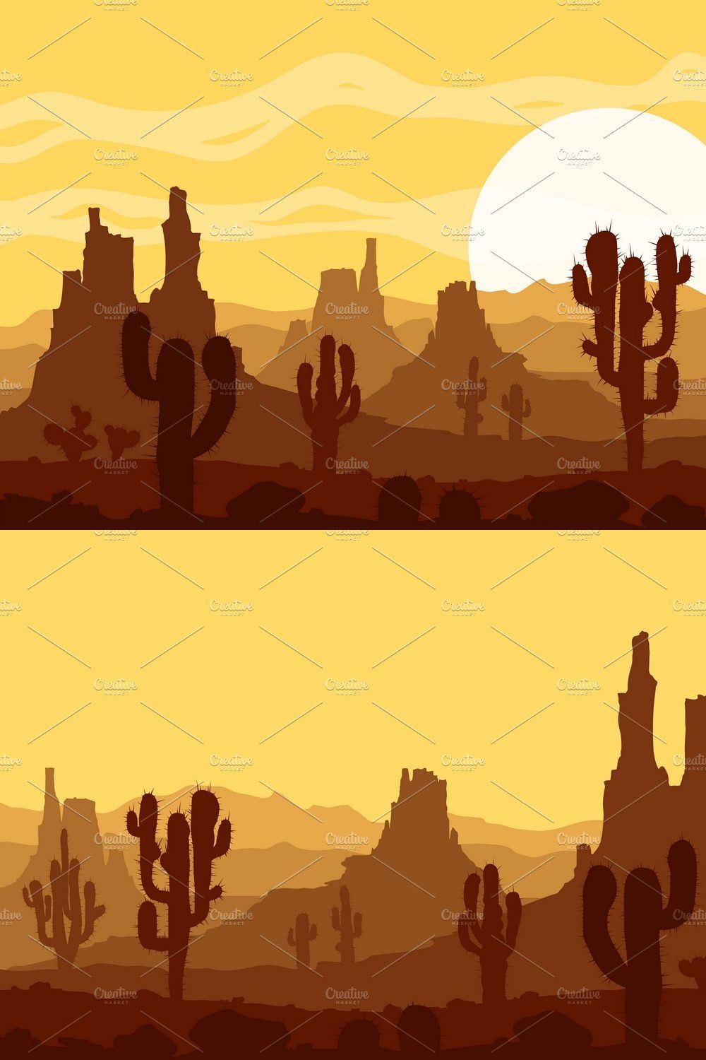 Sunset in stone desert. Vector set. pinterest preview image.