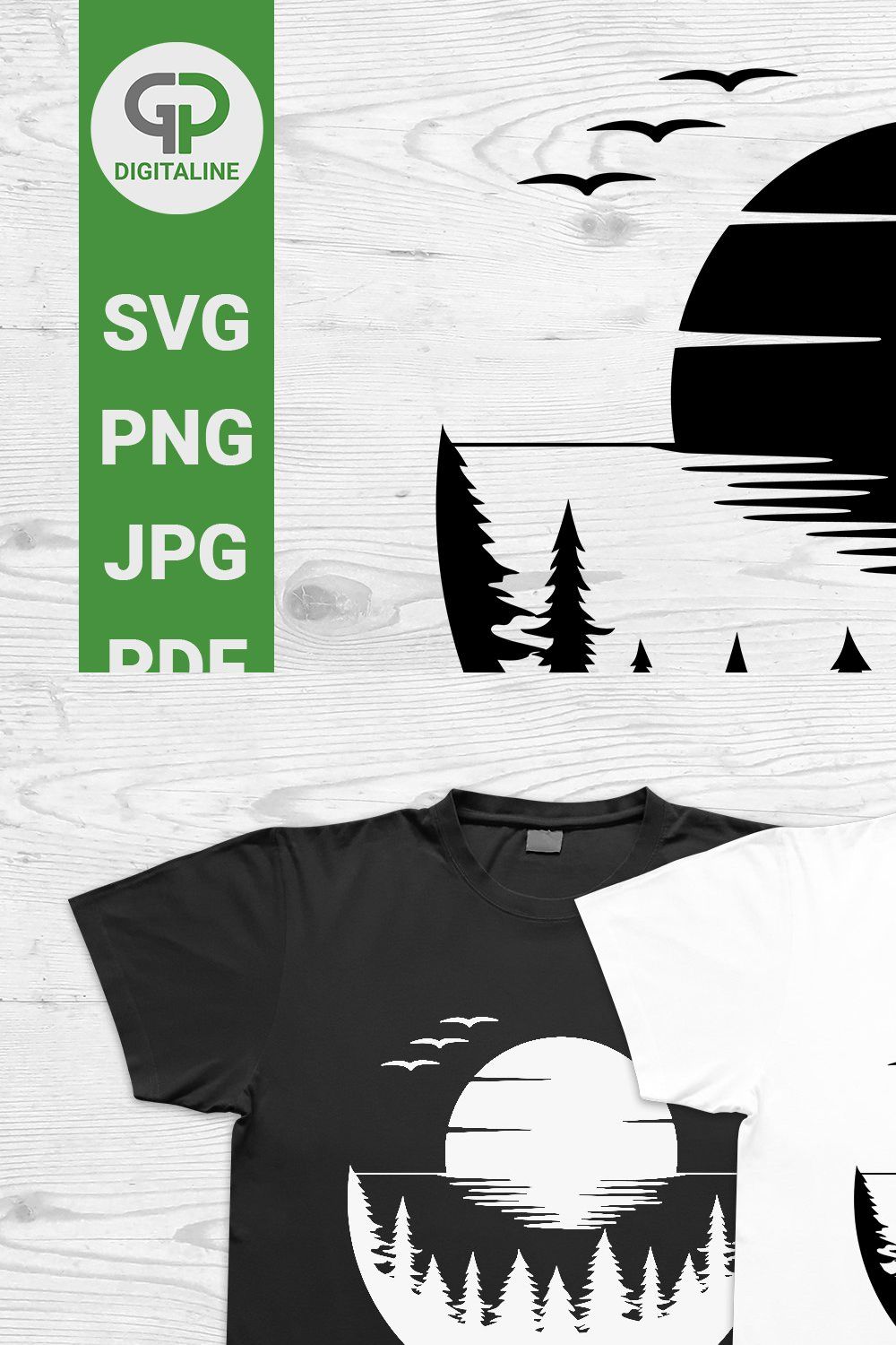 Sunset Ocean, Pine Trees, Birds SVG pinterest preview image.