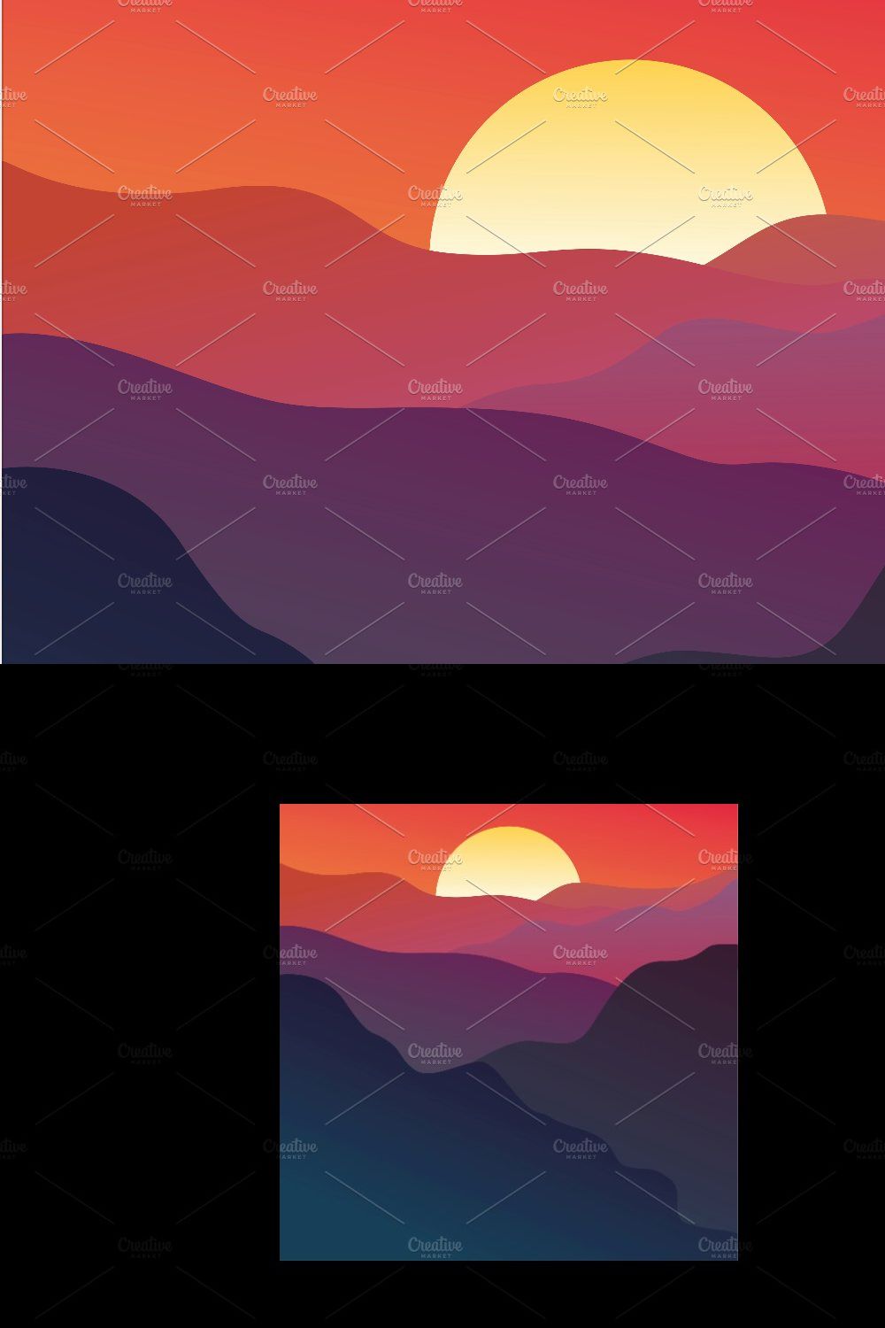 Sunset over mountains, flat style pinterest preview image.