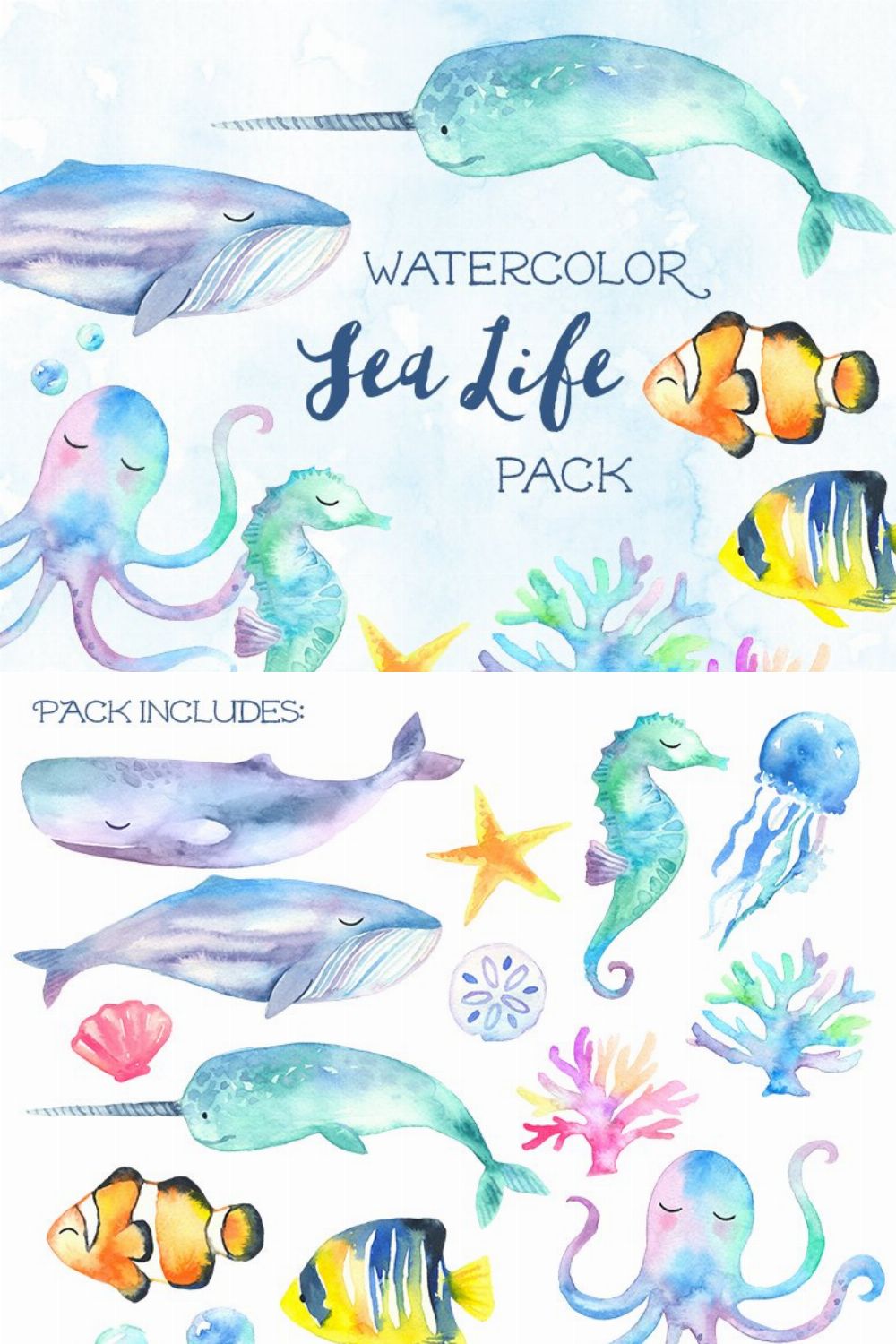 Sweet Sea Life Watercolor Pack pinterest preview image.