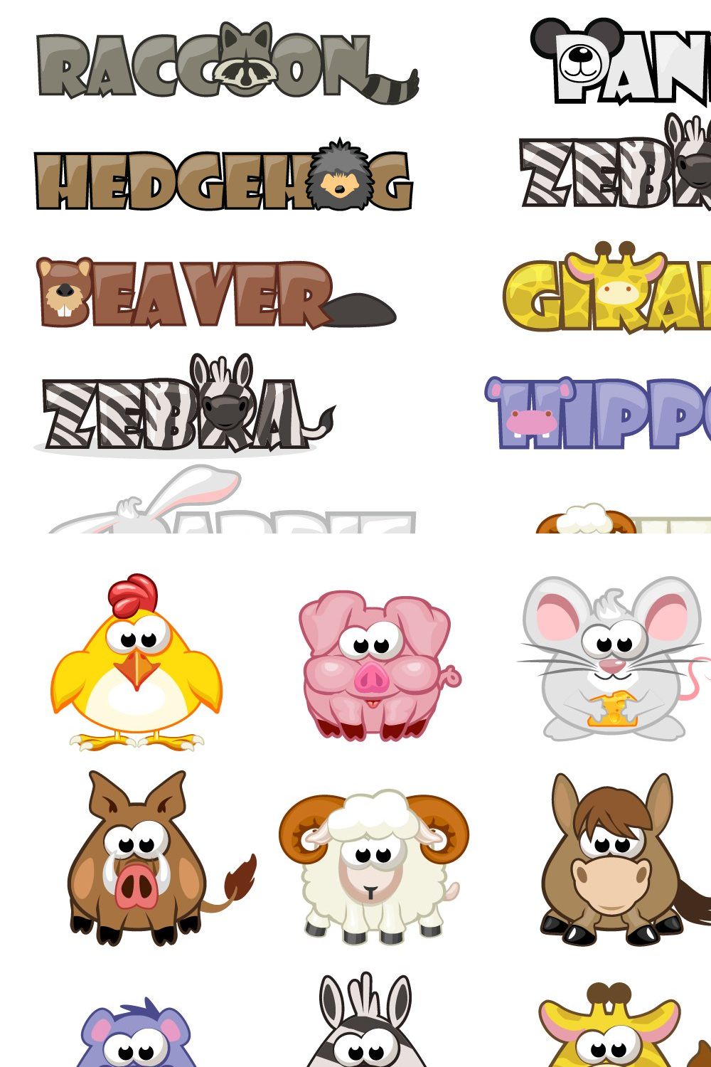 Text name animals, funny font pinterest preview image.
