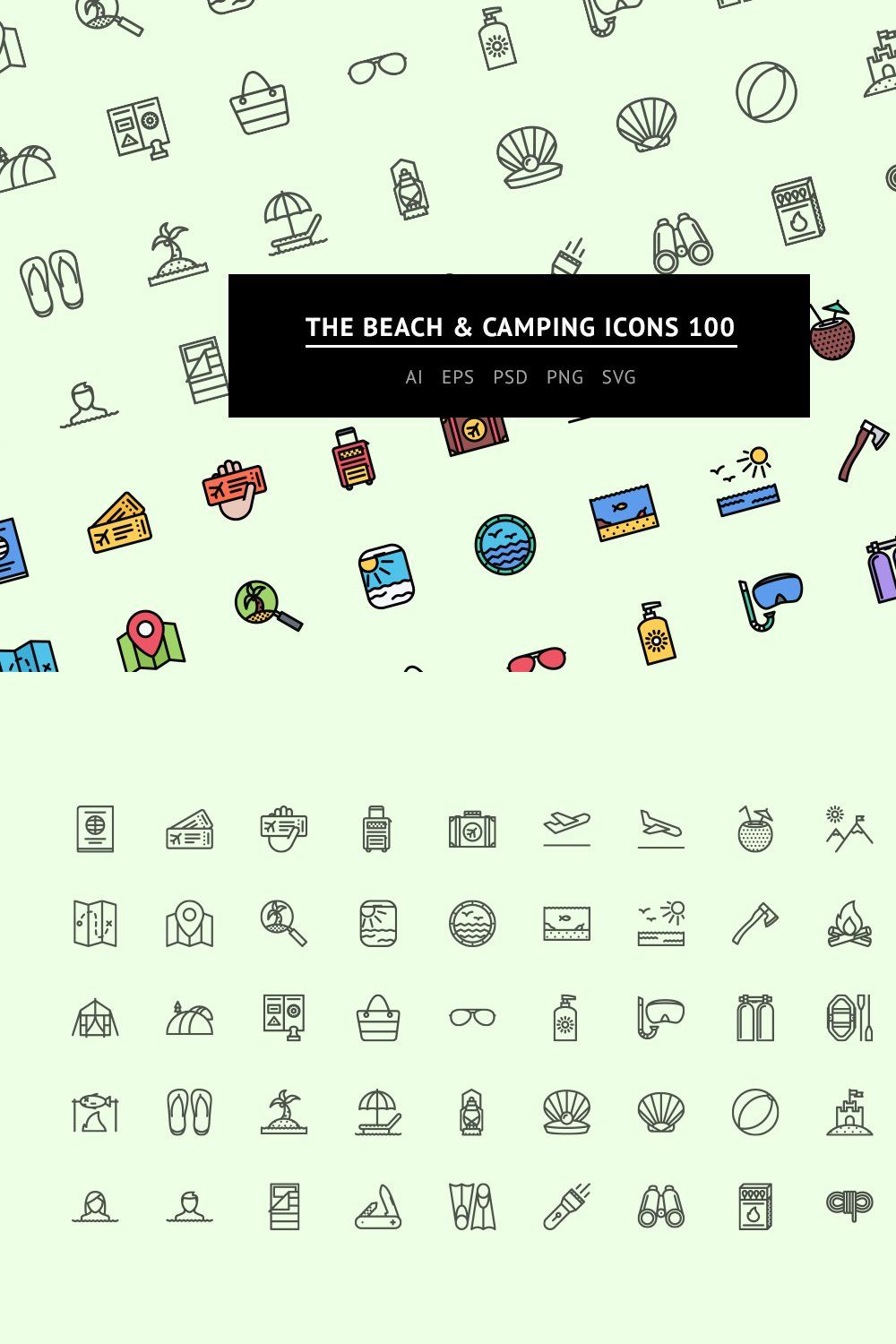 The Beach & Camping Icons 100 pinterest preview image.