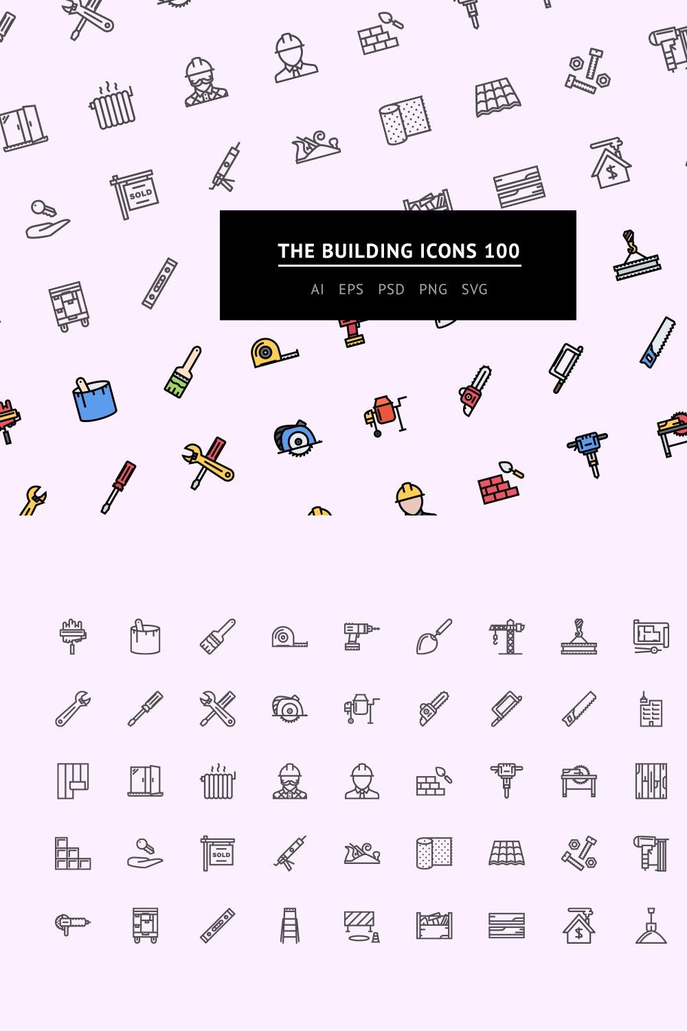 The Building Icons 100 pinterest preview image.