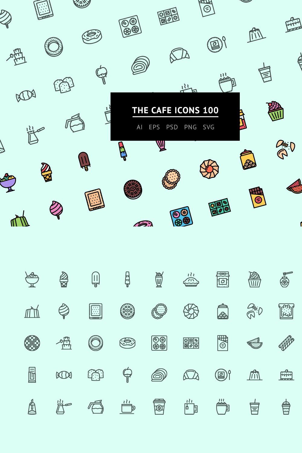 The Cafe Icons 100 pinterest preview image.