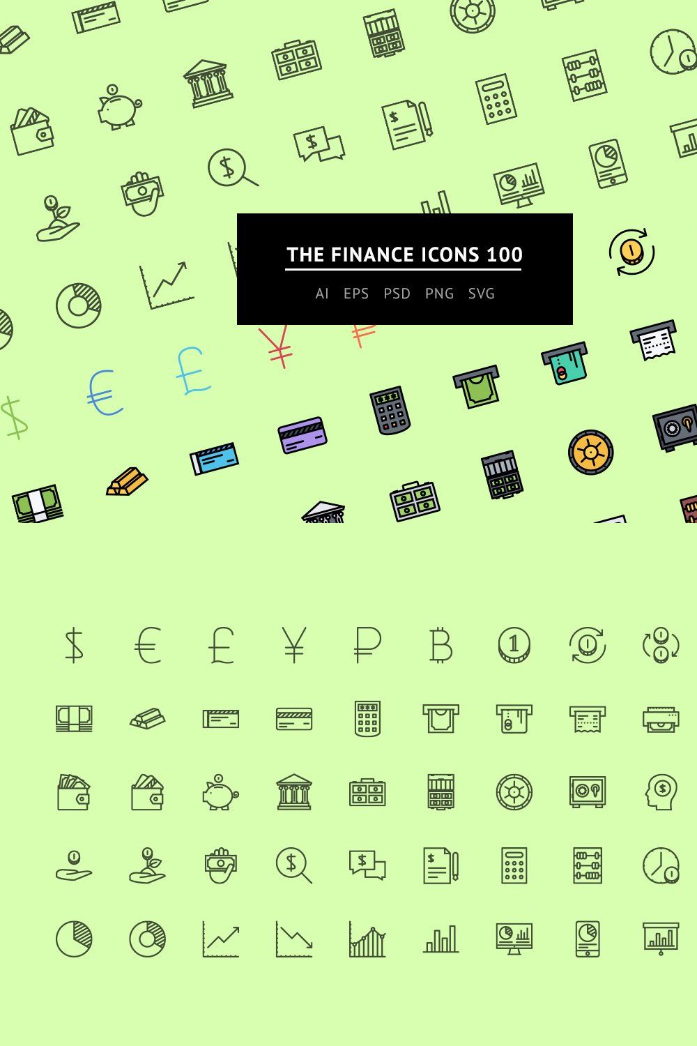 The Finance Icons 100 pinterest preview image.