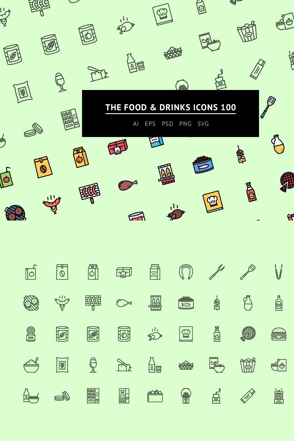 The Food & Drinks Icons 100 pinterest preview image.