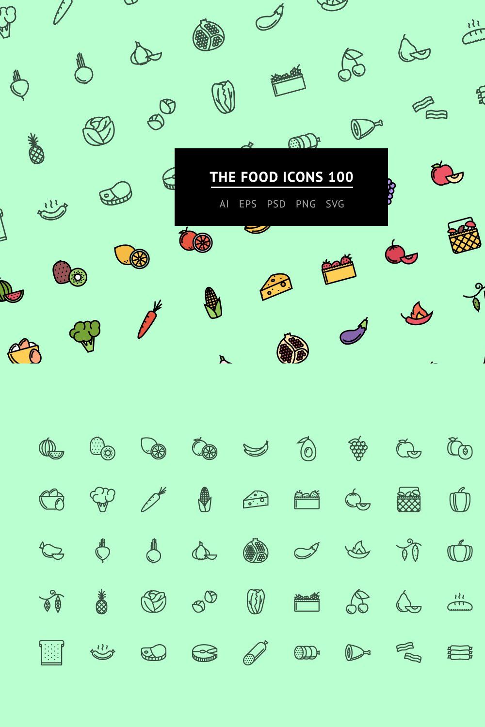 The Food Icons 100 pinterest preview image.