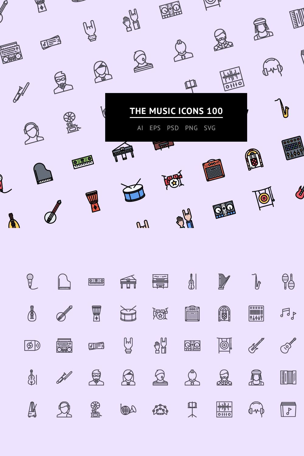 The Music Icons 100 pinterest preview image.