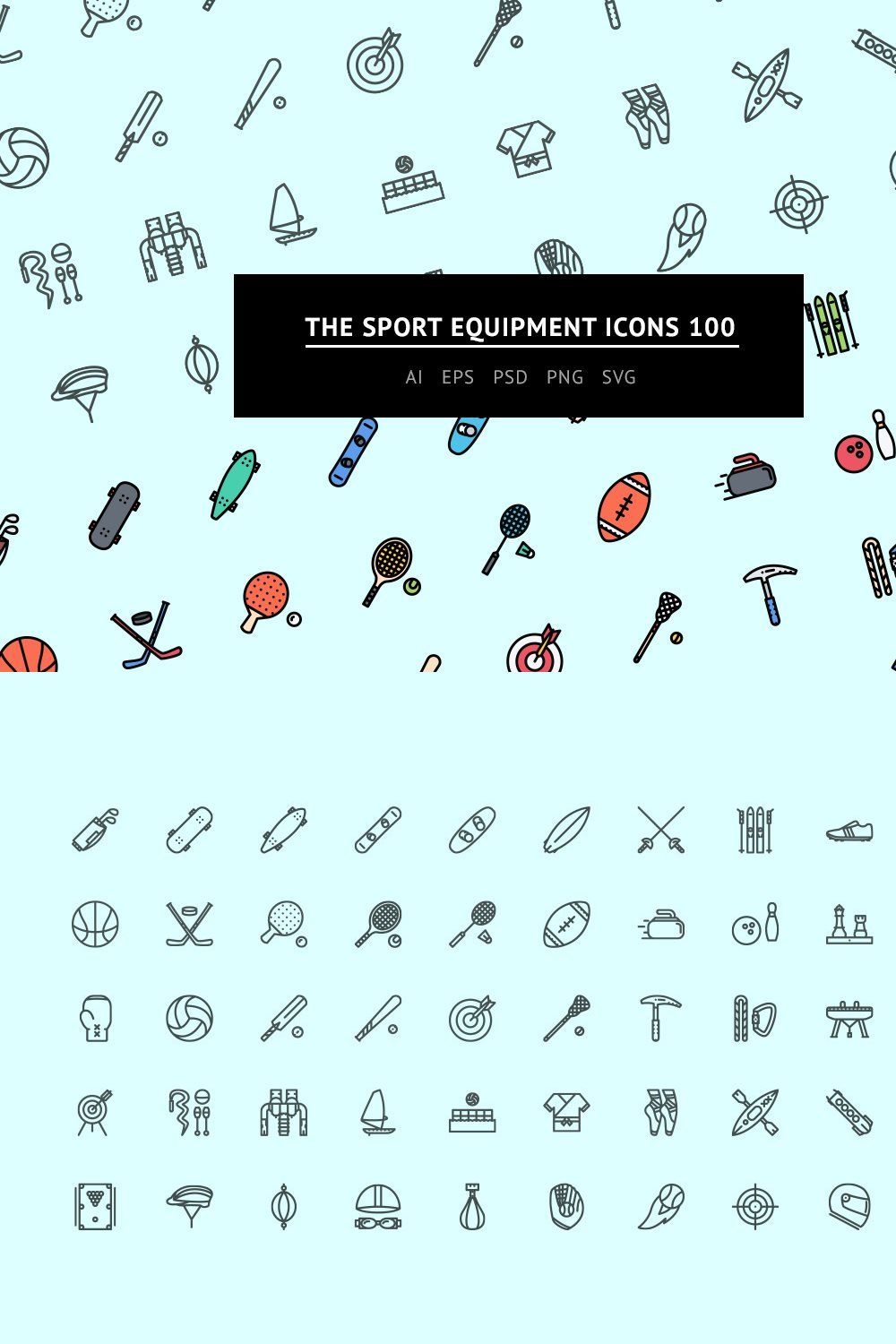 The Sport Equipment Icons 100 pinterest preview image.